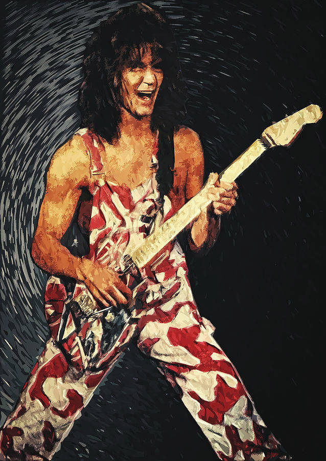Eddie Van Halen 搖滾音樂 壁紙 — 一幅動態數碼藝術肖像，描繪一位身穿紅白迷彩工裝褲的搖滾結他手，在旋轉的黑暗背景前彈奏白色電結他。
