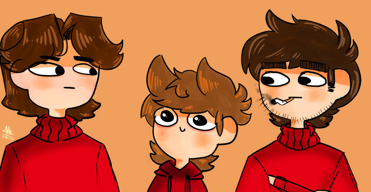 Eddsworld 集體穿紅色連帽衫 壁紙 — 三個卡通角色，棕色頭髮，紅色高領毛衣，站在純橙色背景前。