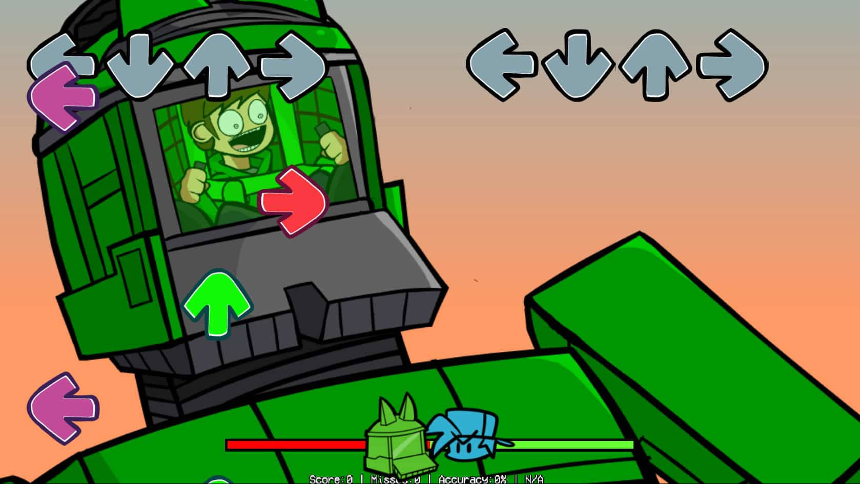 Eddsworld角色線上遊戲 壁紙 — 一隻卡通猴子駕駛員喺綠色機甲入面，用箭咀控制對抗細小敵人，背景係日落天空。