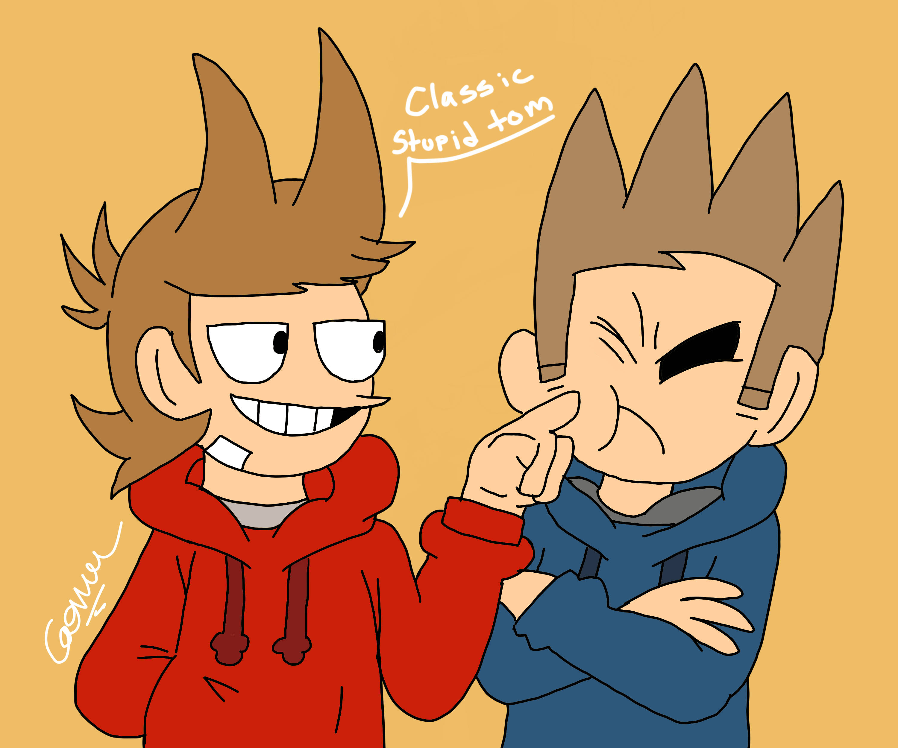 Eddsworld角色幽默插畫 壁紙 — 兩個卡通男孩，一個穿紅色連帽衫笑著指向另一個穿藍色連帽衫、做鬼臉的男孩，對話框裡寫著 classic stupid tom。