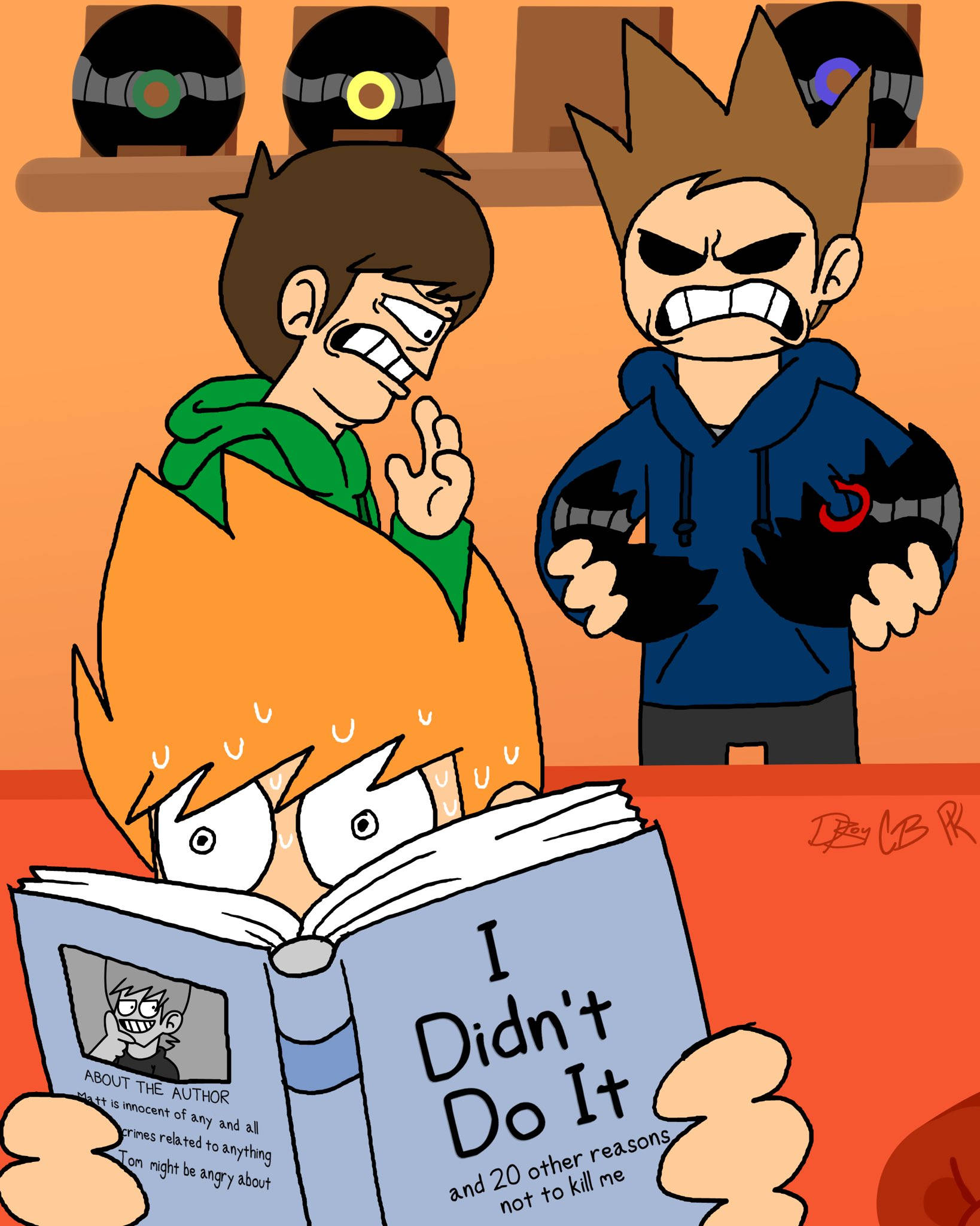 Eddsworld 角色在緊張場景中 壁紙 — 三個卡通男孩對一本名為《我沒有做》的書做出戲劇性的反應，一個男孩緊張地出汗，另外兩個憤怒地瞪著。