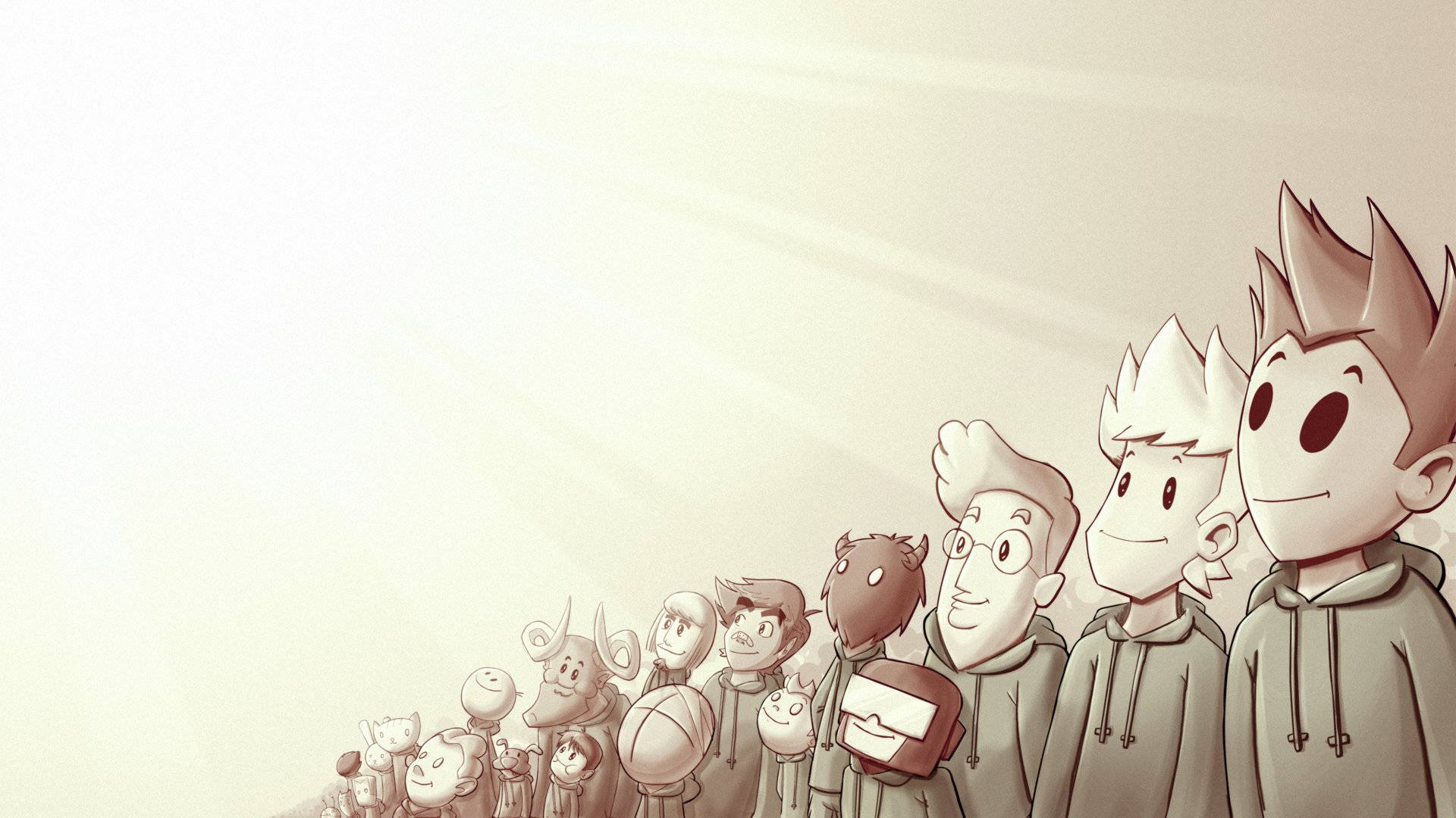 Eddsworld角色歡樂時刻 壁紙 — 一排穿著連帽衫的風格化卡通人物站在柔和光芒下，背景簡潔。