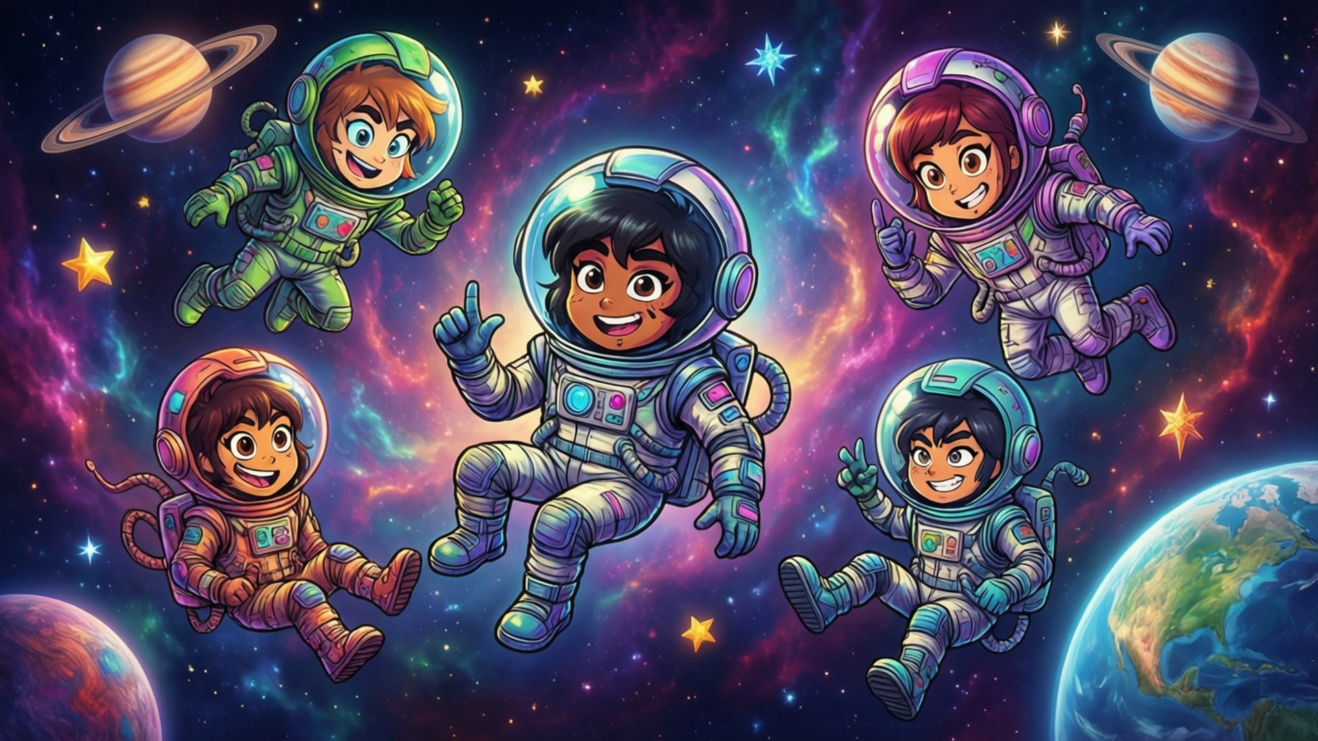 五個微笑的卡通太空人在行星和星星附近的彩色太空漂浮。