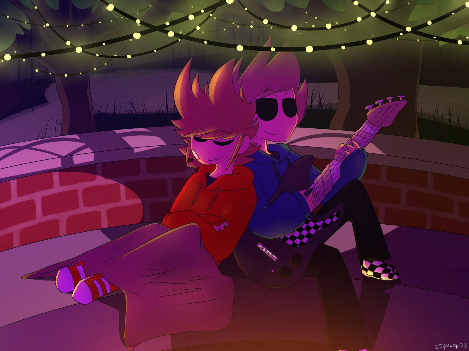 Eddsworld Tom與Tord相依 壁紙 — 一個紫色頭髮的動漫角色坐在磚邊上，在夜晚昏暗的森林中，在燈串下拿著結他。