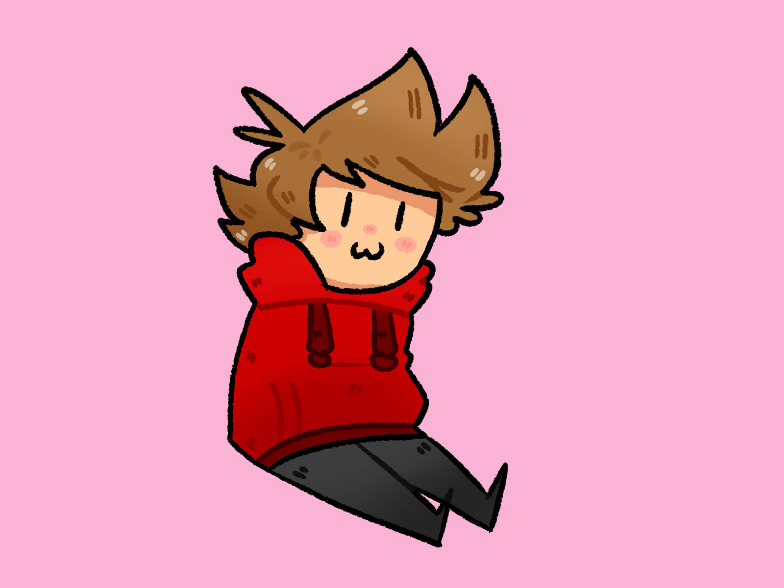 Eddsworld Tord穿紅色連帽衫 壁紙 — 一個可愛的Q版角色，棕色頭髮，穿著紅色連帽衫，坐在柔和的粉紅色背景前。