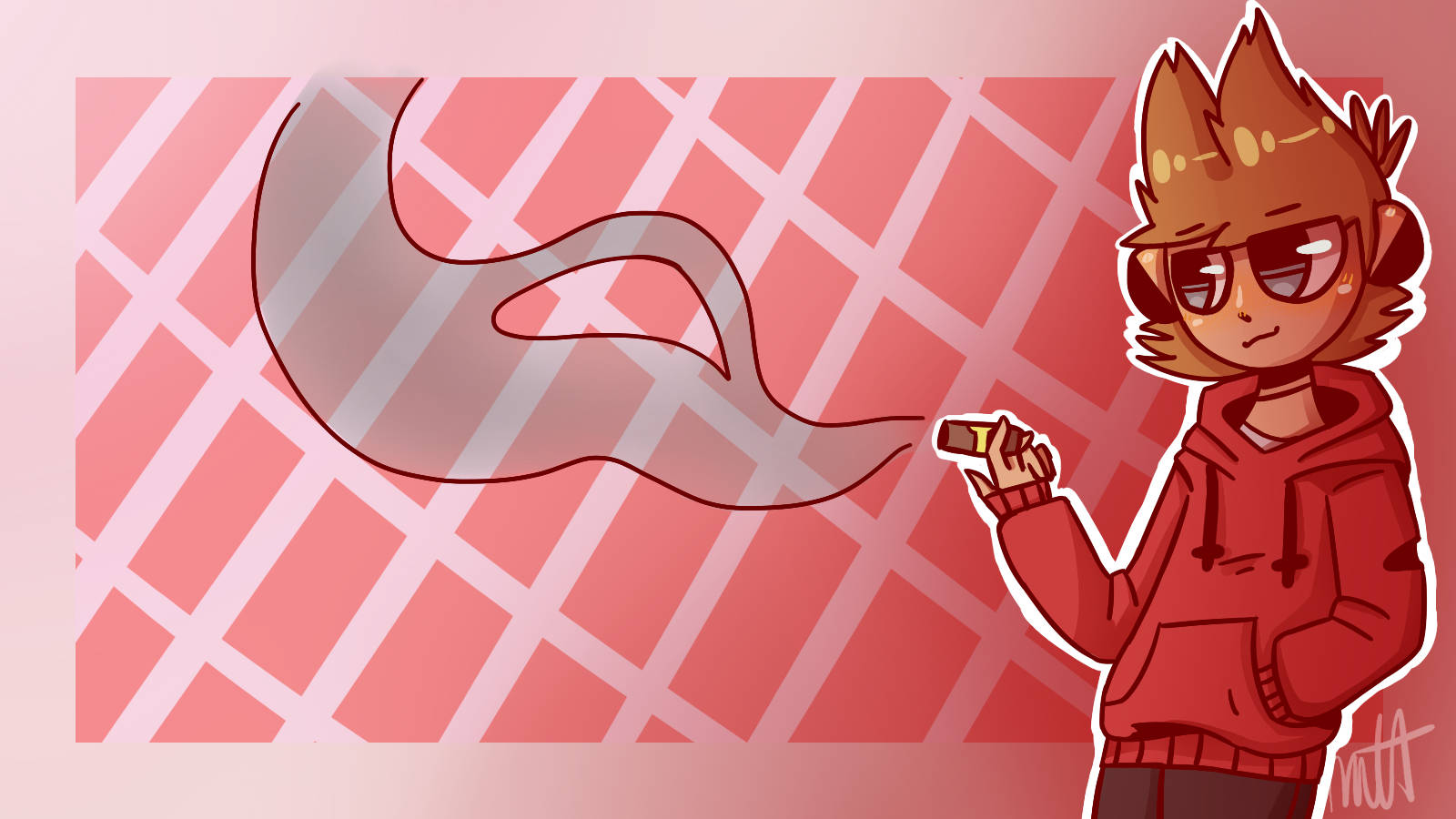 Eddsworld馬特抽菸 壁紙 — 一個風格化的動漫角色，有著尖刺頭髮和太陽眼鏡，在粉紅色菱形圖案背景前呼出煙霧。