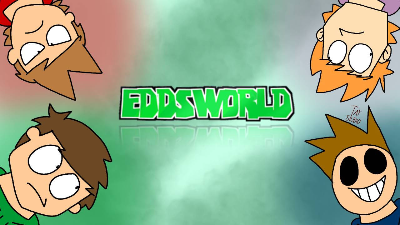 Eddsworld 主要角色數位藝術作品 壁紙 — 四個表情誇張的卡通角色圍繞著漸變背景上的綠色 'EDDSWORLD' 標誌。