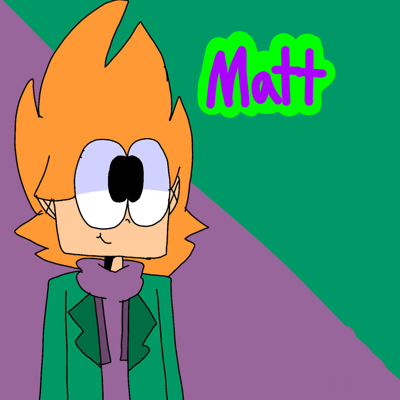 Eddsworld 的 Matt 穿著怪異服裝 壁紙 — 一個卡通角色，擁有尖刺的橙色頭髮和大眼睛，穿著綠色外套和紫色圍巾，背景分為綠色和紫色，並有發光紫色文字顯示名字Matt。
