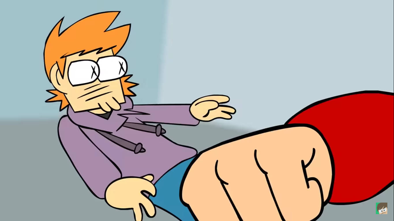Eddsworld 的 Matt 几乎被打倒 壁紙 — 一個橙色頭髮、戴眼鏡的卡通角色被打敗在地上，一隻穿著紅色衣服的大腳籠罩著他們。
