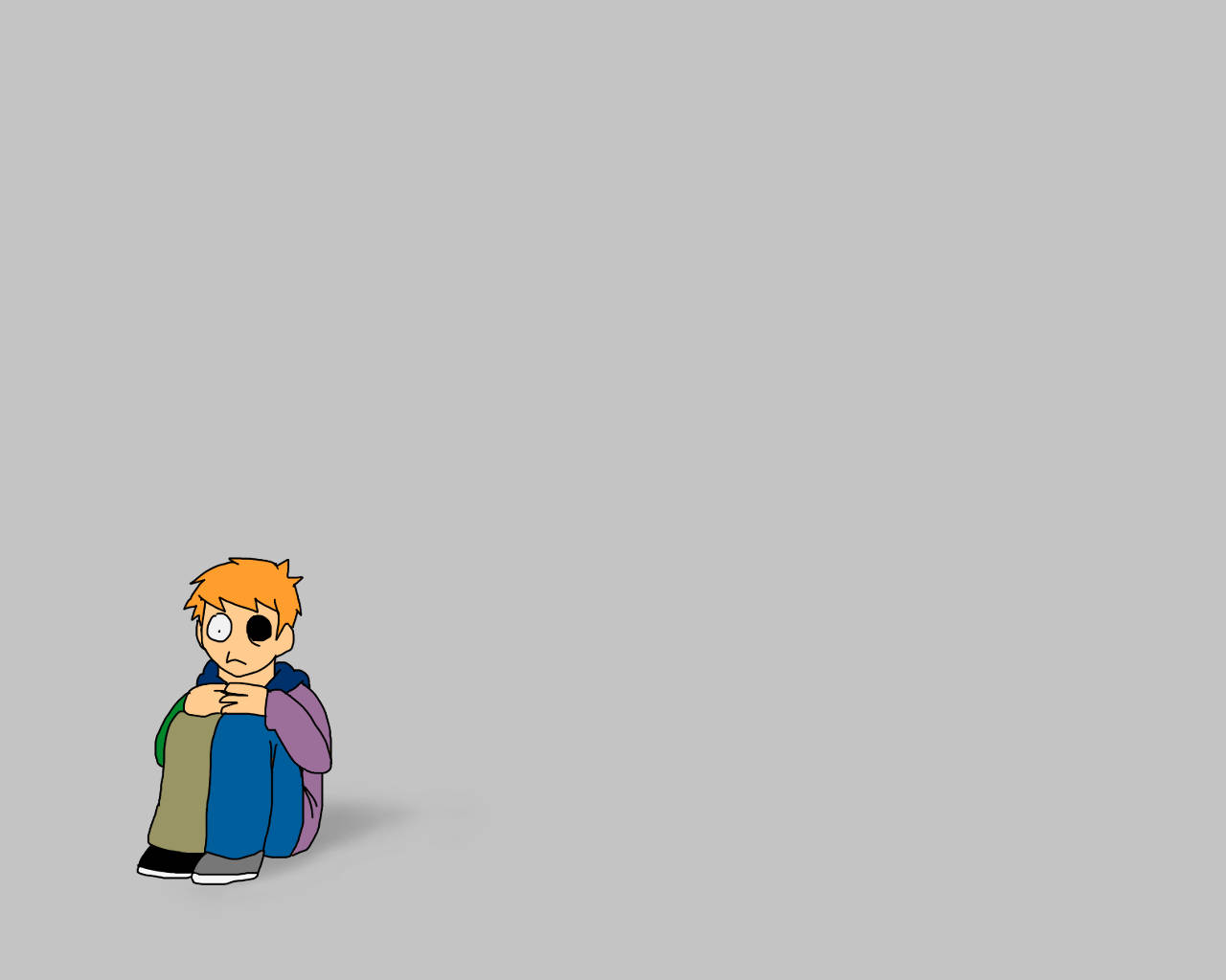 Eddsworld 的 Tom 睡覺流口水 壁紙 — 一個卡通男孩，橙色頭髮，單眼，獨自坐在純灰色背景上，雙臂交叉在胸前。