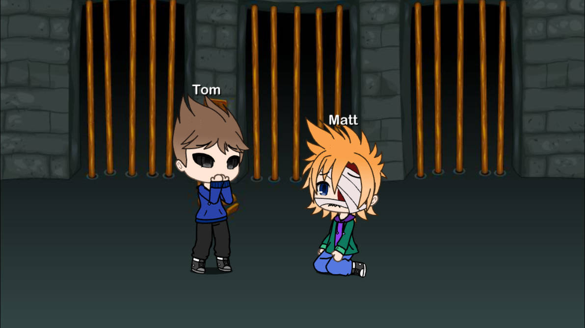 Eddsworld 的 Tom 與 Matt 在監獄中 壁紙 — 兩個Q版動畫男孩，一個跪著受傷，眼睛纏著繃帶，另一個擔心地站在有橙色鐵欄杆的石頭監獄牢房裡。