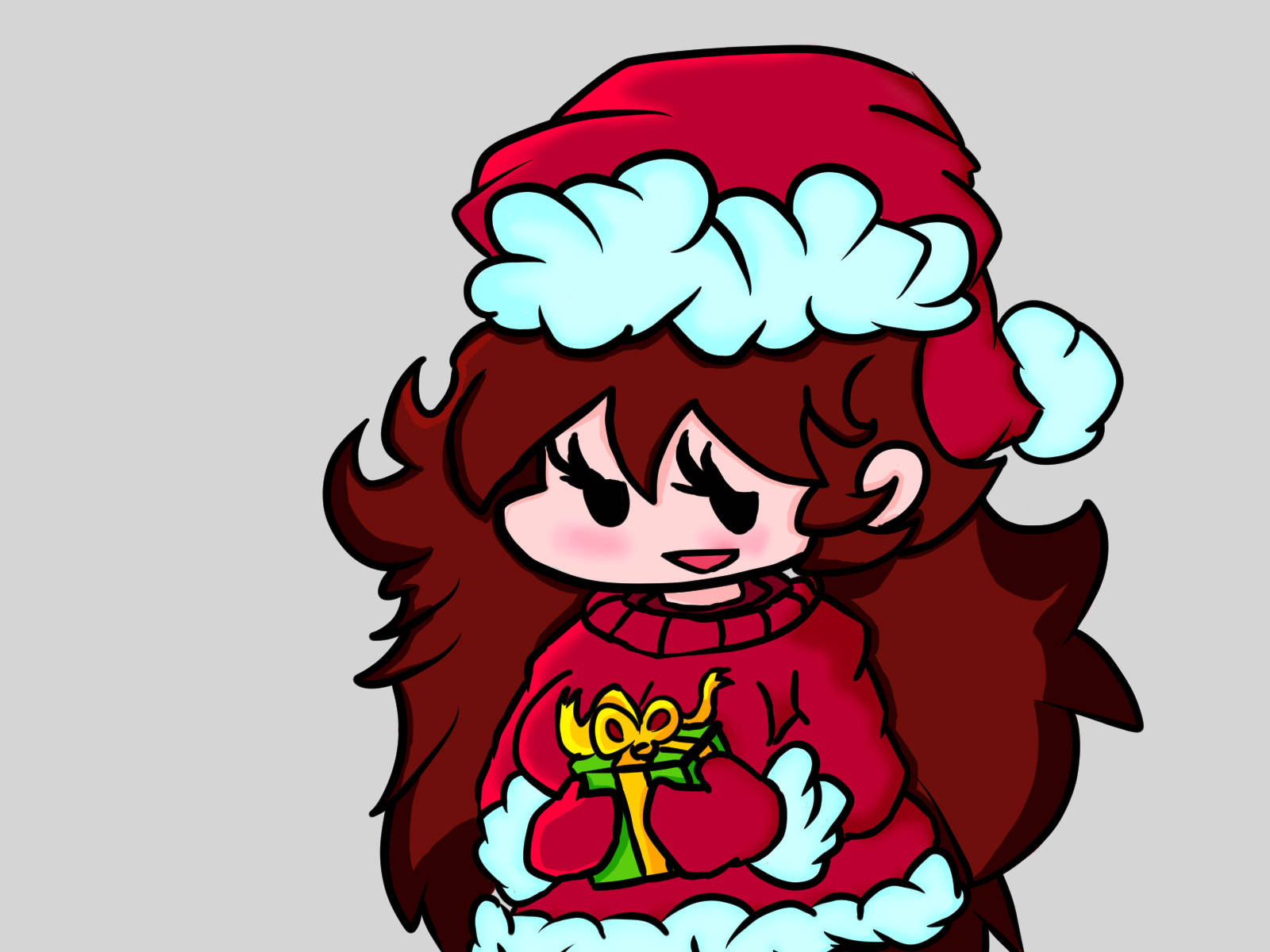 Eddsworld 的 Tord 穿著可愛聖誕裝 壁紙 — 一個棕色頭髮的Q版動畫女孩，戴著紅色聖誕帽和穿著紅色毛衣，手持一個繫有黃色蝴蝶結的包裝禮物。