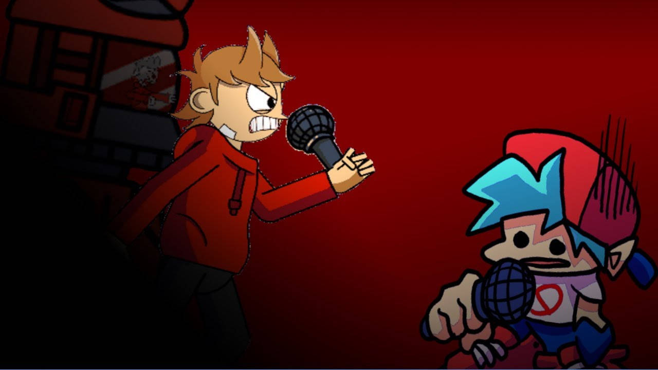 Eddsworld 的 Tord 出現在 FNF 遊戲中 壁紙 — 兩個動畫角色在深紅色背景前緊張對峙，其中一個手持麥克風，表情憤怒。