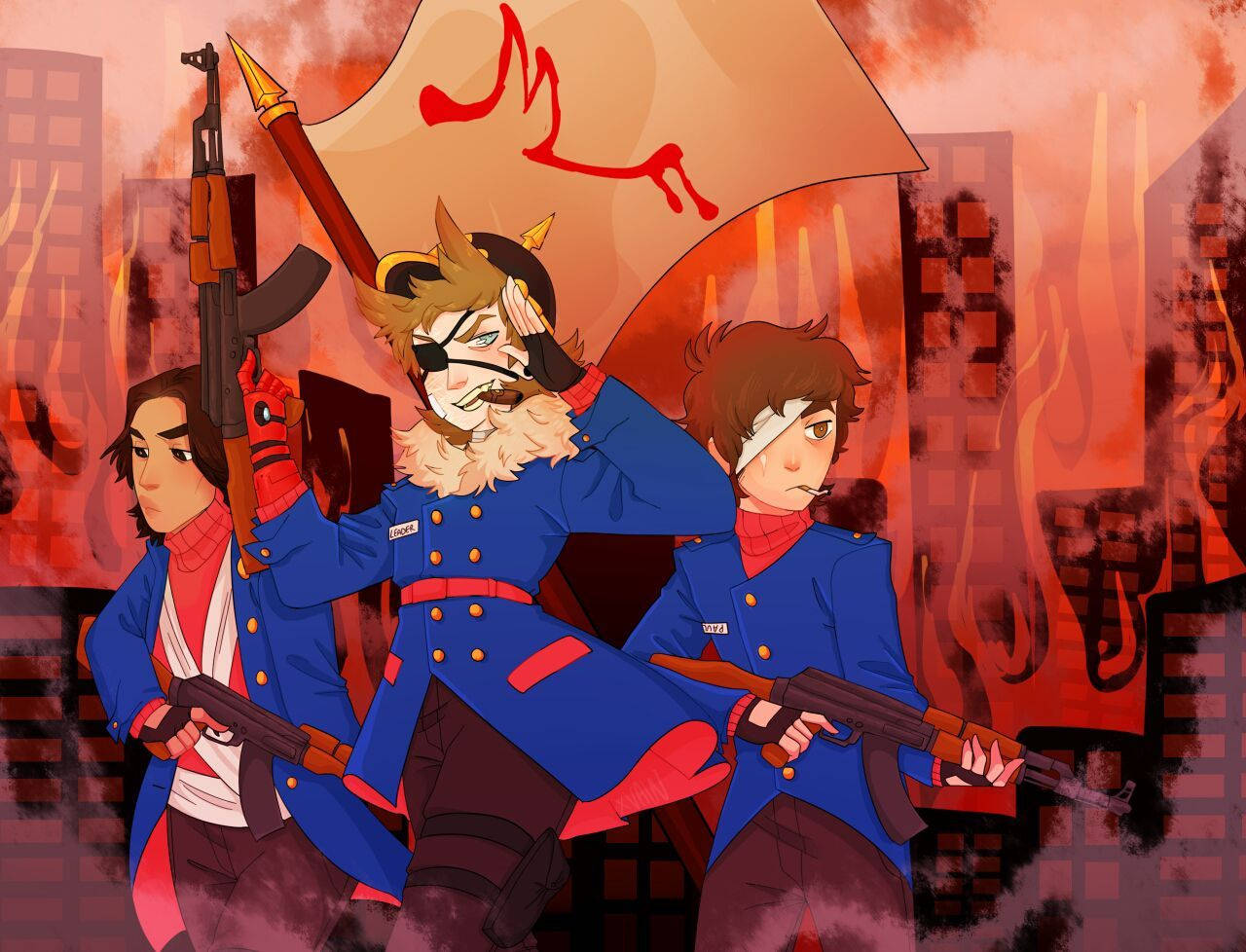 Eddsworld 的動漫版 壁紙 — 三名身穿藍色制服、動漫風格的叛軍，手持步槍和帶有紅色標誌的旗幟，穿過燃燒的城市。