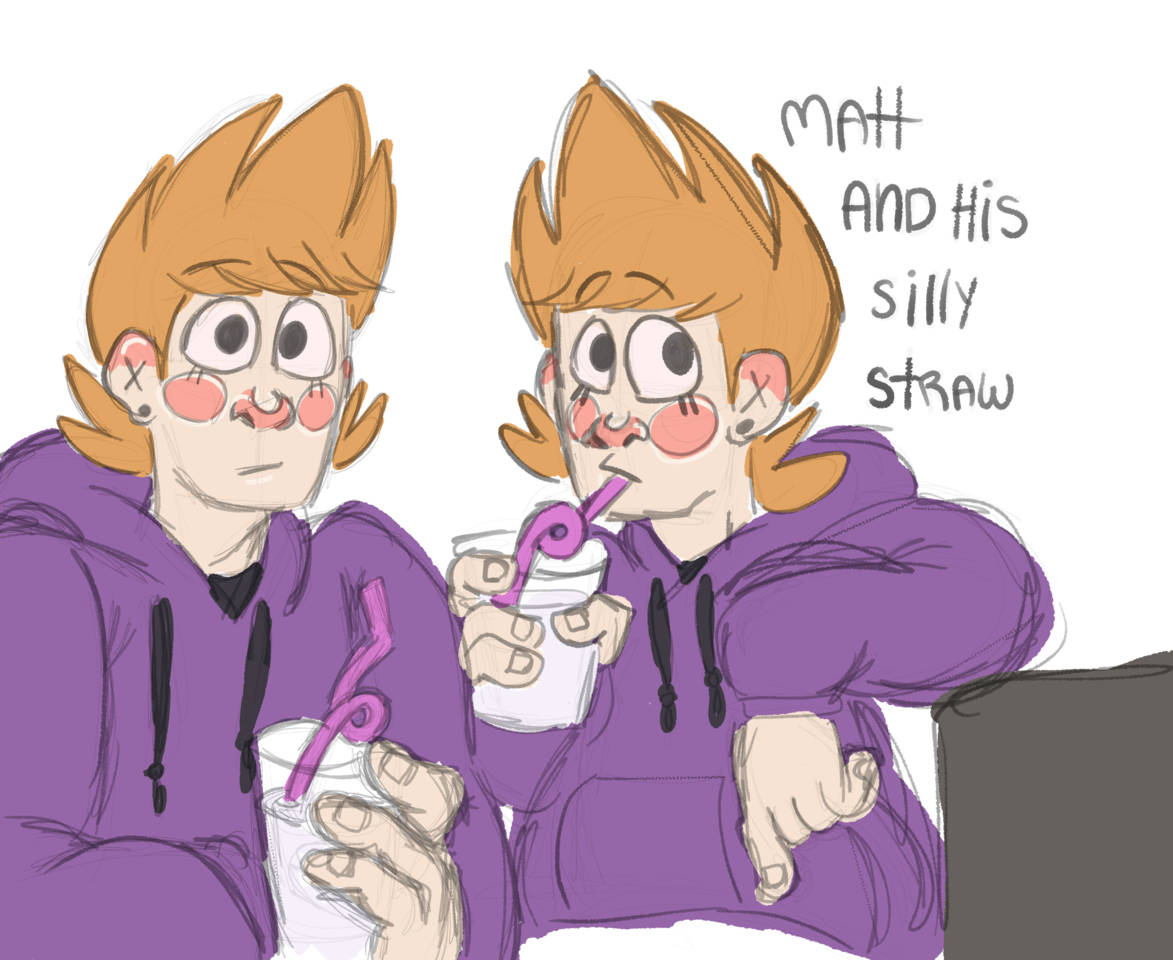 Eddsworld 角色 Matt 用歪扭吸管飲料 壁紙 — 兩個穿著紫色連帽衫的相同卡通男孩，透過粉紅色傻氣吸管啜飲飲料，表情誇張。