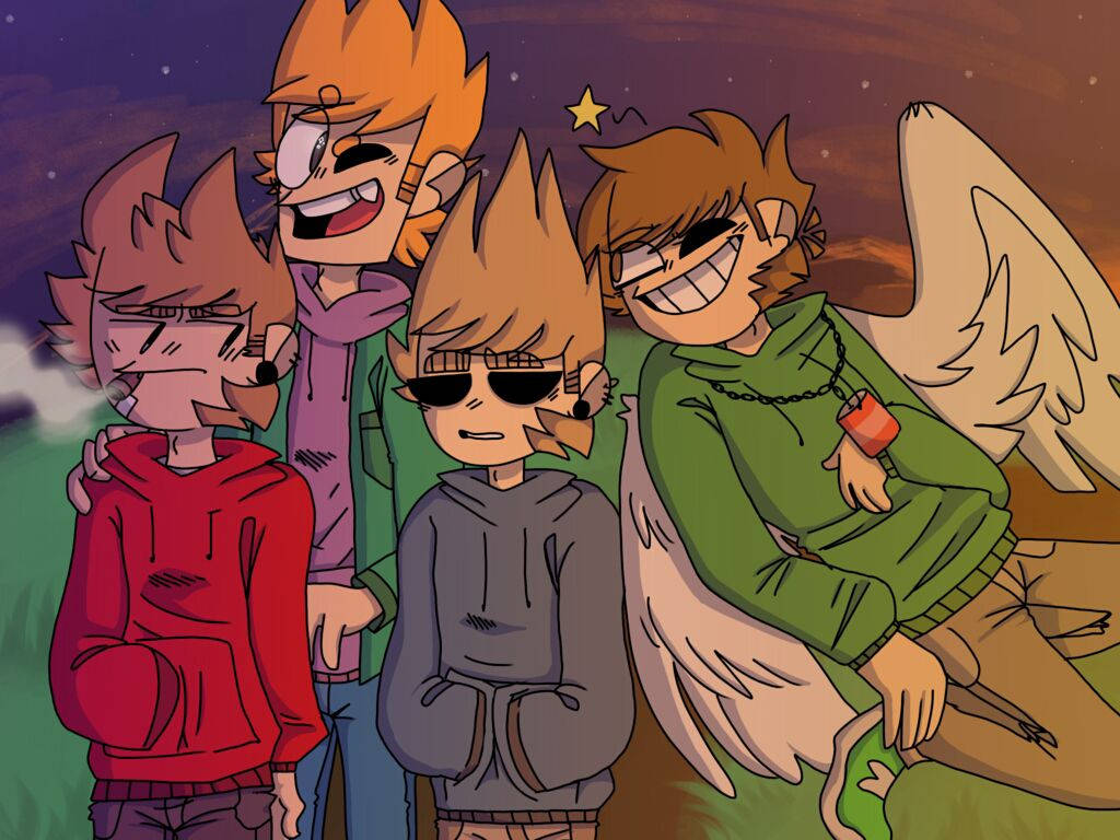 Eddsworld 角色的迷人藝術作品 壁紙 — 四位動漫風格的朋友，有著尖刺頭髮和翅膀，在星光燦爛的暮色天空下愉快地擺姿勢。