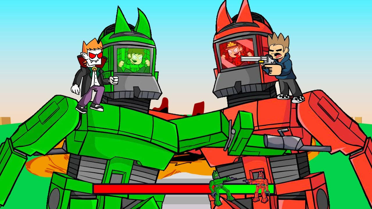 Eddsworld 角色身穿綠色巨型機器人 壁紙 — 兩個巨型卡通機械人——一個綠色一個紅色——在充滿活力的戰鬥場景中對峙，上面和下面都有小型人偶。