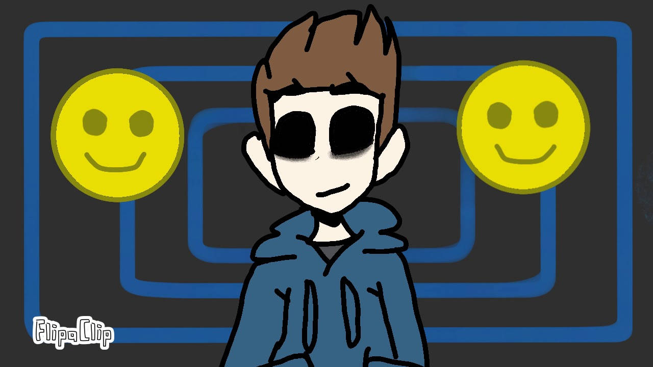Eddsworld動畫團隊冒險 壁紙 — 一個卡通男孩，黑色眼睛，穿著藍色連帽衫，站在兩個黃色笑臉之間，背景是帶有藍色線條的深色背景。