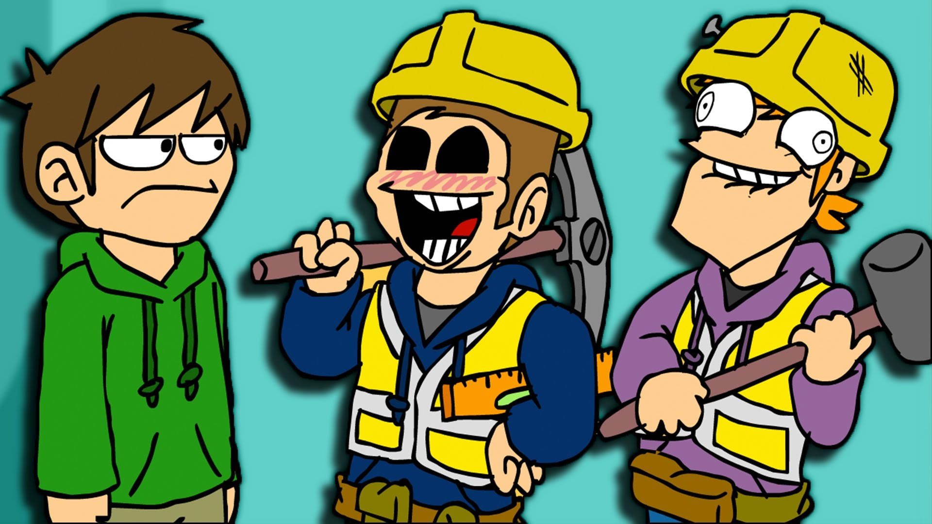 Eddsworld搞笑劇集《錘子與失敗》 壁紙 — 三個卡通建築工人表情誇張，站在青綠色背景前，一個脾氣暴躁，一個咧嘴笑拿着大錘，一個拿着錘子很開心。