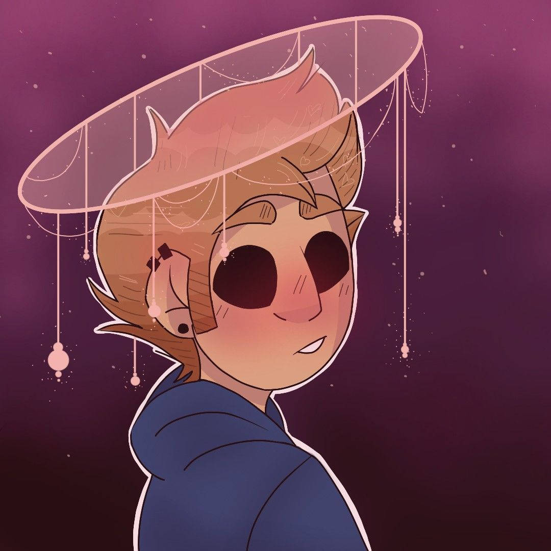 Eddsworld星際主題藝術 壁紙 — 一個風格化的動漫角色，頭頂上漂浮著一把陽傘，背景是繁星點點的紫色天空。