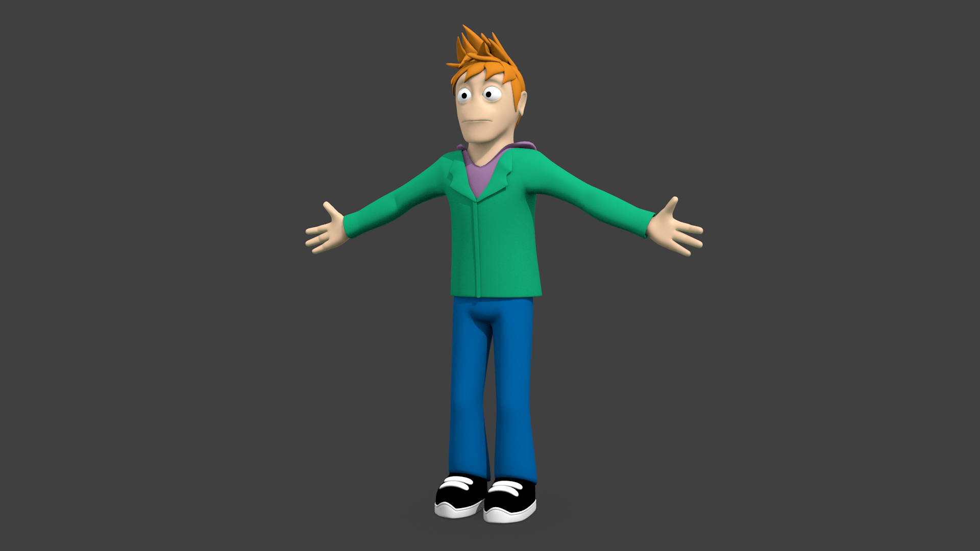 Eddsworld角色Matt穿綠色連帽衫 壁紙 — 一個3D渲染嘅卡通男仔，有橙色刺蝟頭，企喺純灰色背景前面，雙手伸開。