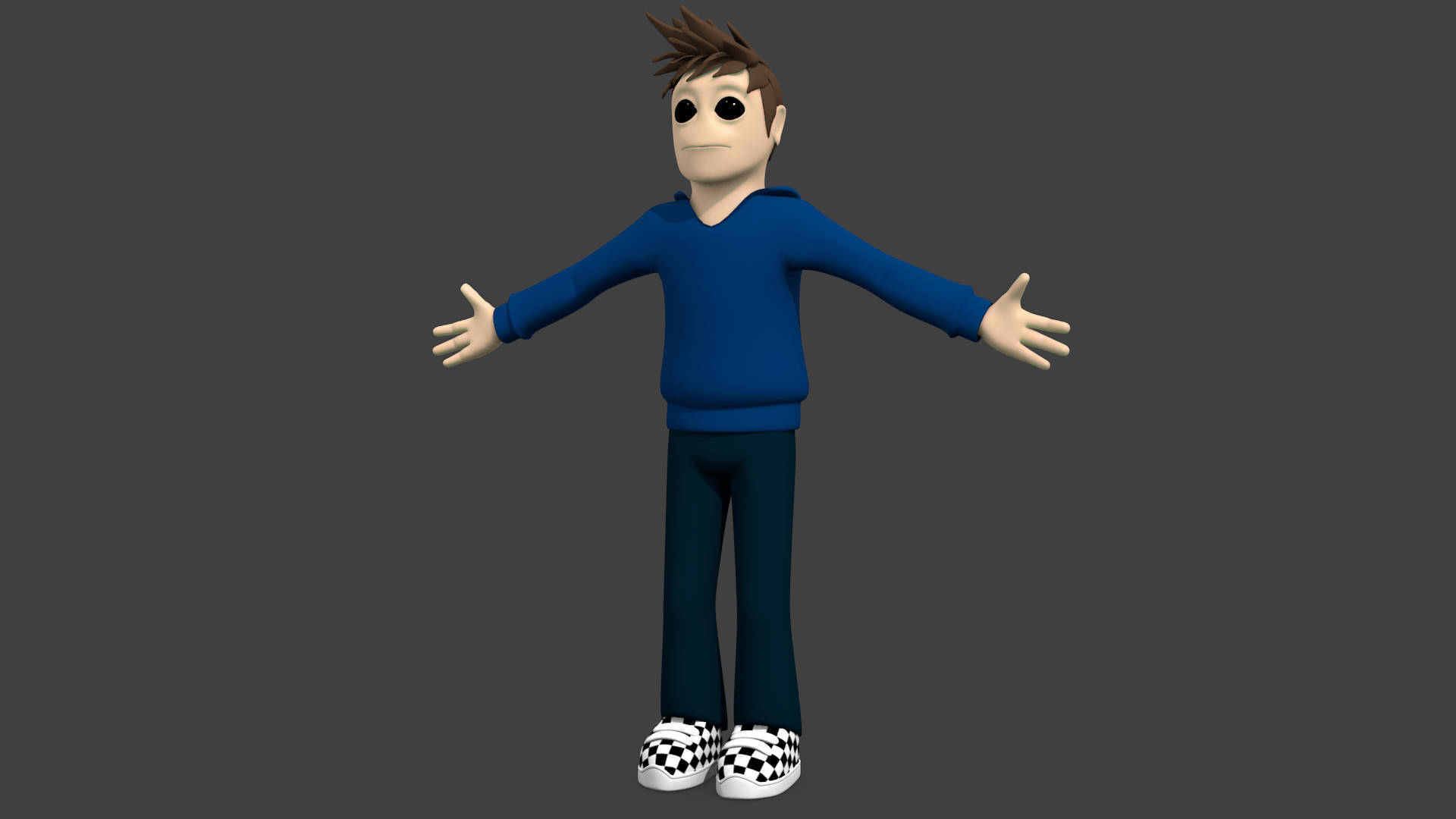 Eddsworld角色Tom張開雙臂 壁紙 — 一個3D渲染的卡通男孩，穿著藍色連帽衫和格仔鞋，在純灰色背景前張開雙臂站立。