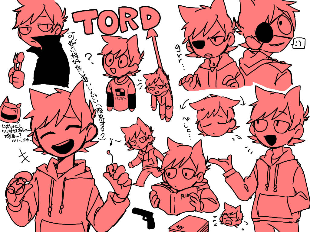 Eddsworld角色Tord紅色主題 壁紙 — 一張充滿活力的紅色調動漫角色表，展示了一個名叫托德的貓耳男孩的多種富有表現力的姿勢和表情。
