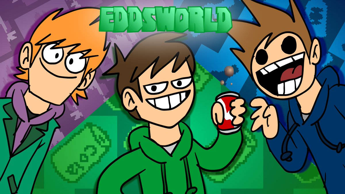 Eddsworld角色彩色插畫 壁紙 — 三個卡通男孩帶著誇張的表情，站在像素化的綠色和紫色背景前，背景上有EDDSWORLD文字。
