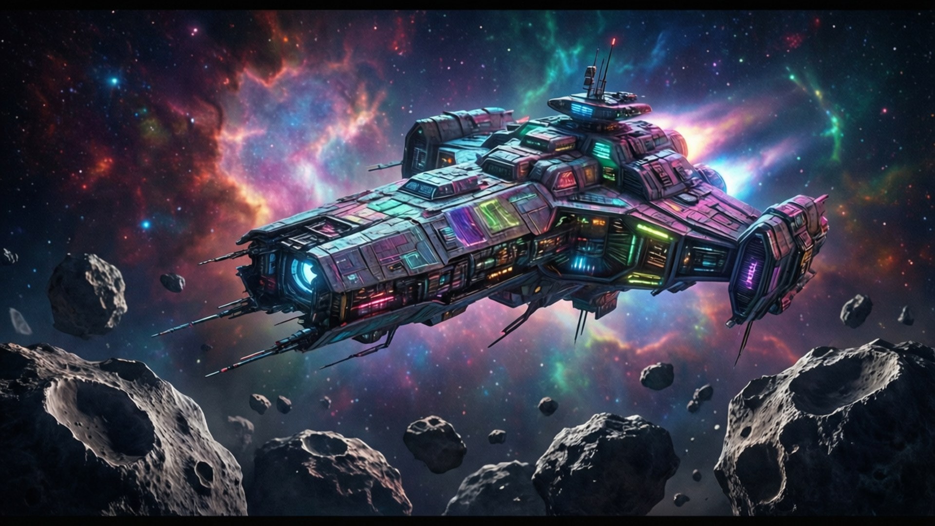 帶有發光燈的未來主義太空船飛過色彩繽紛的星雲和小行星