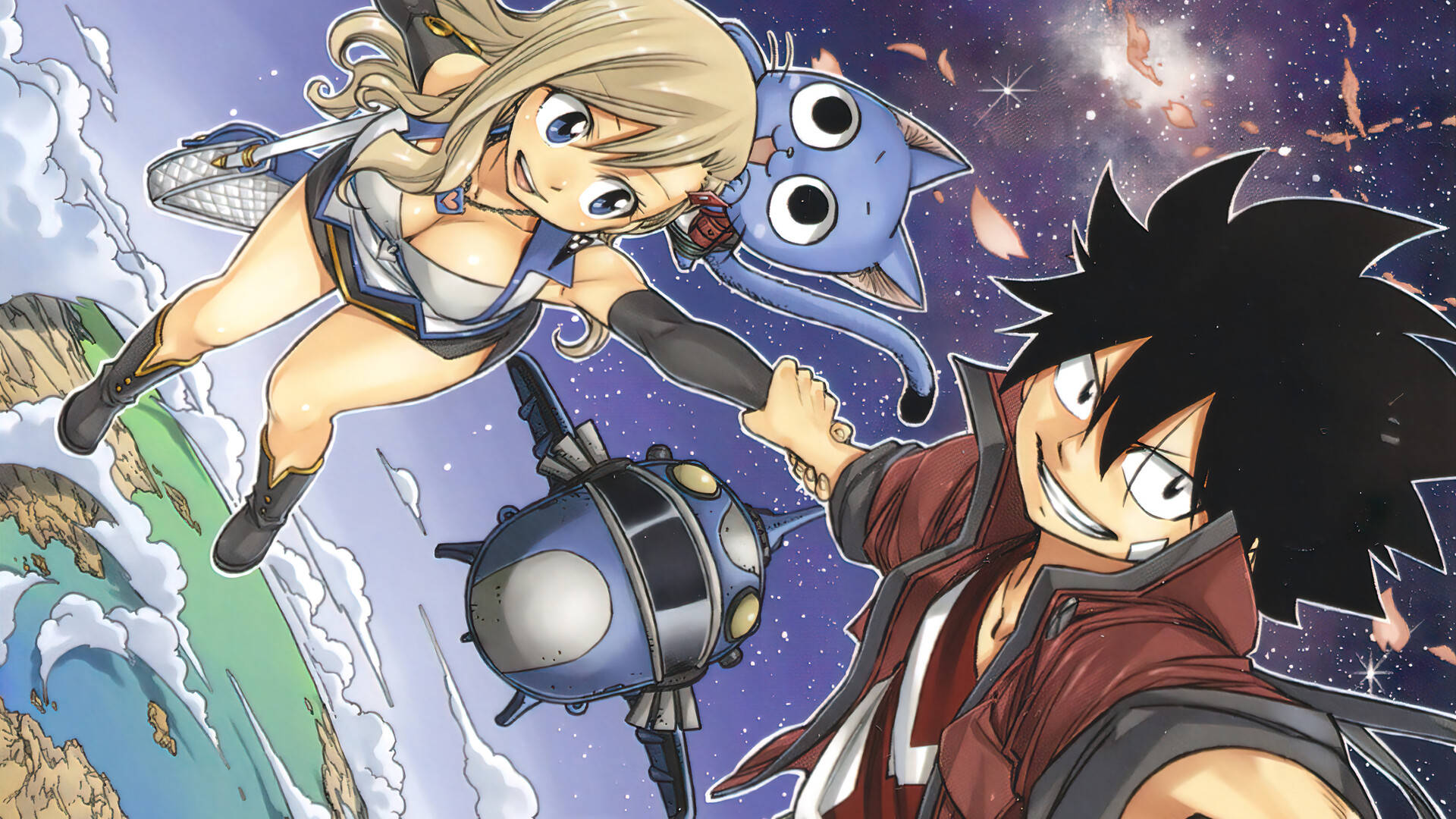 《Edens Zero》冒險 壁紙 — 兩個動漫角色和一隻藍貓乘飛行器在地球上空翱翔太空。