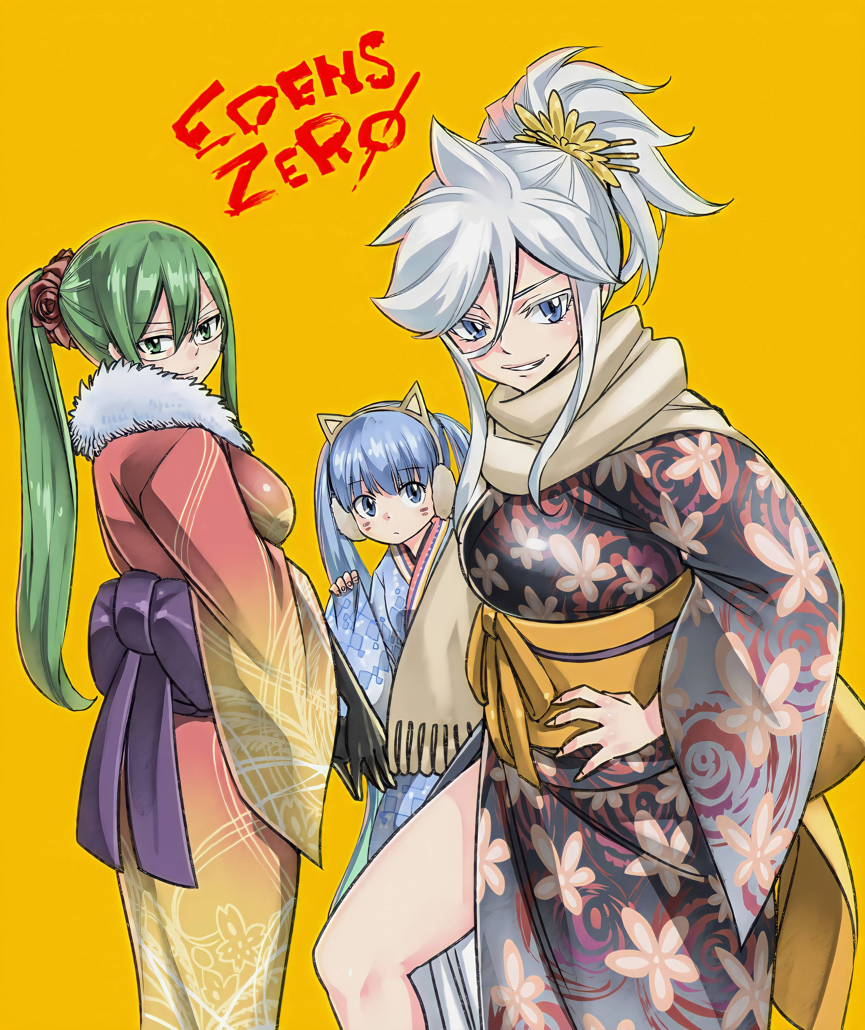 Edens Zero 動畫少女 壁紙 — 三個動漫角色穿著色彩繽紛的和服，在明亮的黃色背景上自信地擺姿勢，並帶有「Edens Zero」文字。