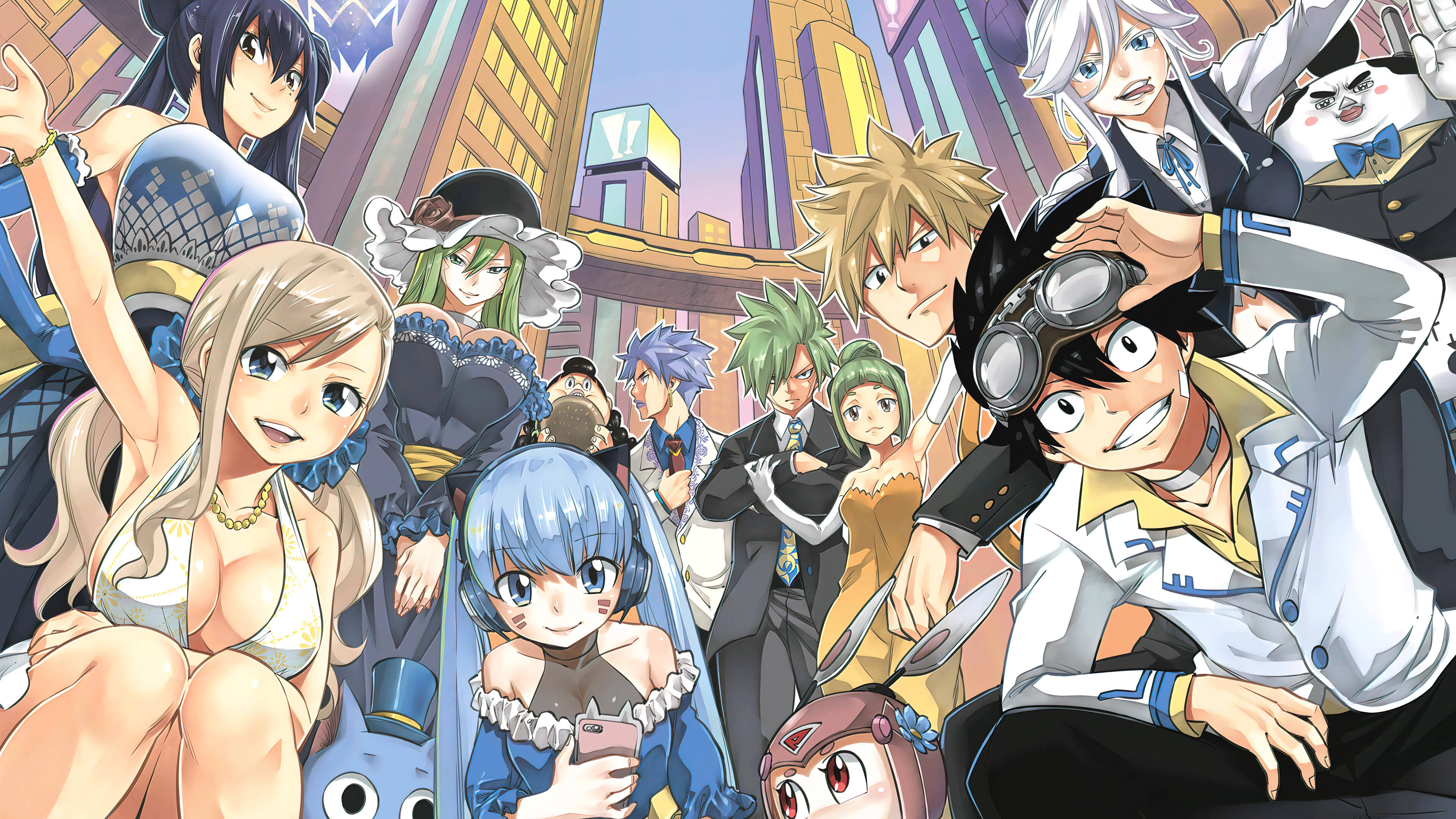 《Edens Zero》動畫角色 壁紙 — 一個充滿活力的動漫群體，由多樣化的角色組成，在色彩繽紛的未來城市景觀中愉快地擺姿勢。