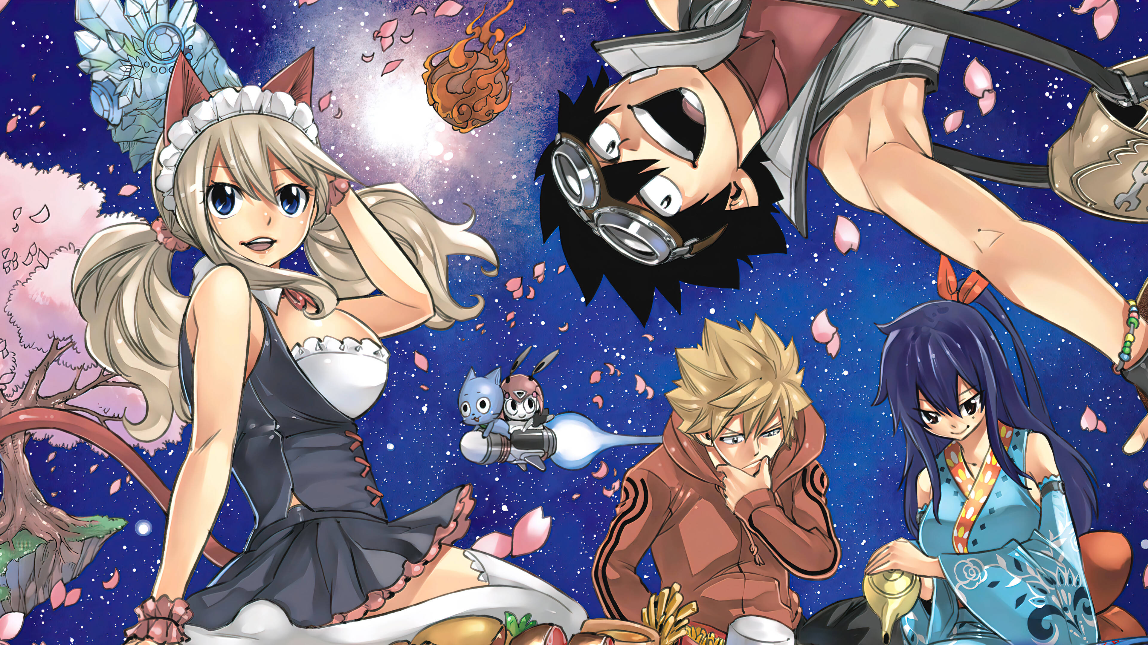 《Edens Zero》動畫角色 壁紙 — 動漫角色在櫻花和宇宙星辰之間漂浮，在充滿活力的夜空下。