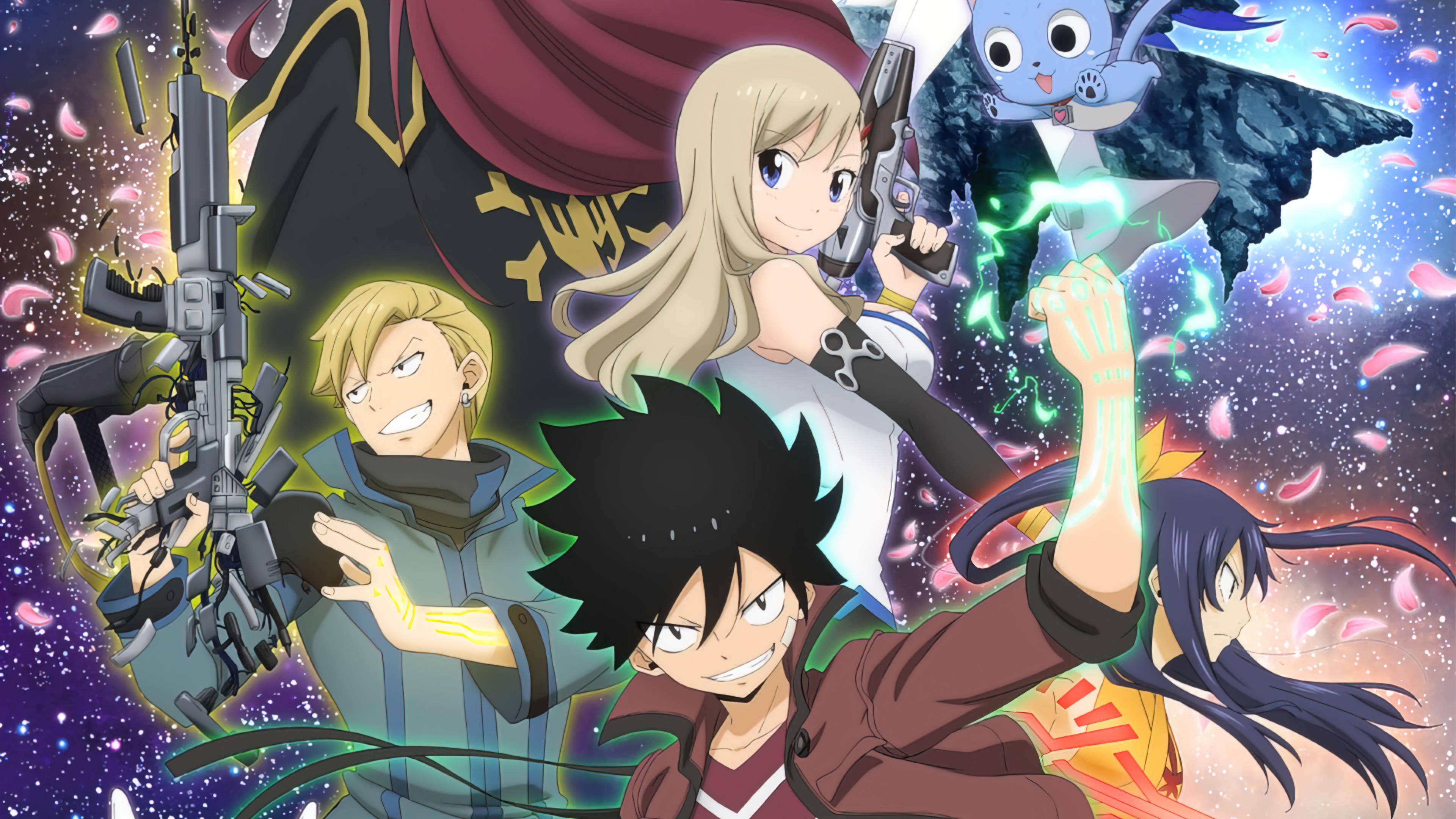 《Edens Zero》動畫角色海報 壁紙 — 動漫角色從充滿發光花瓣和星星的宇宙天空中釋放武器和魔法爆發。