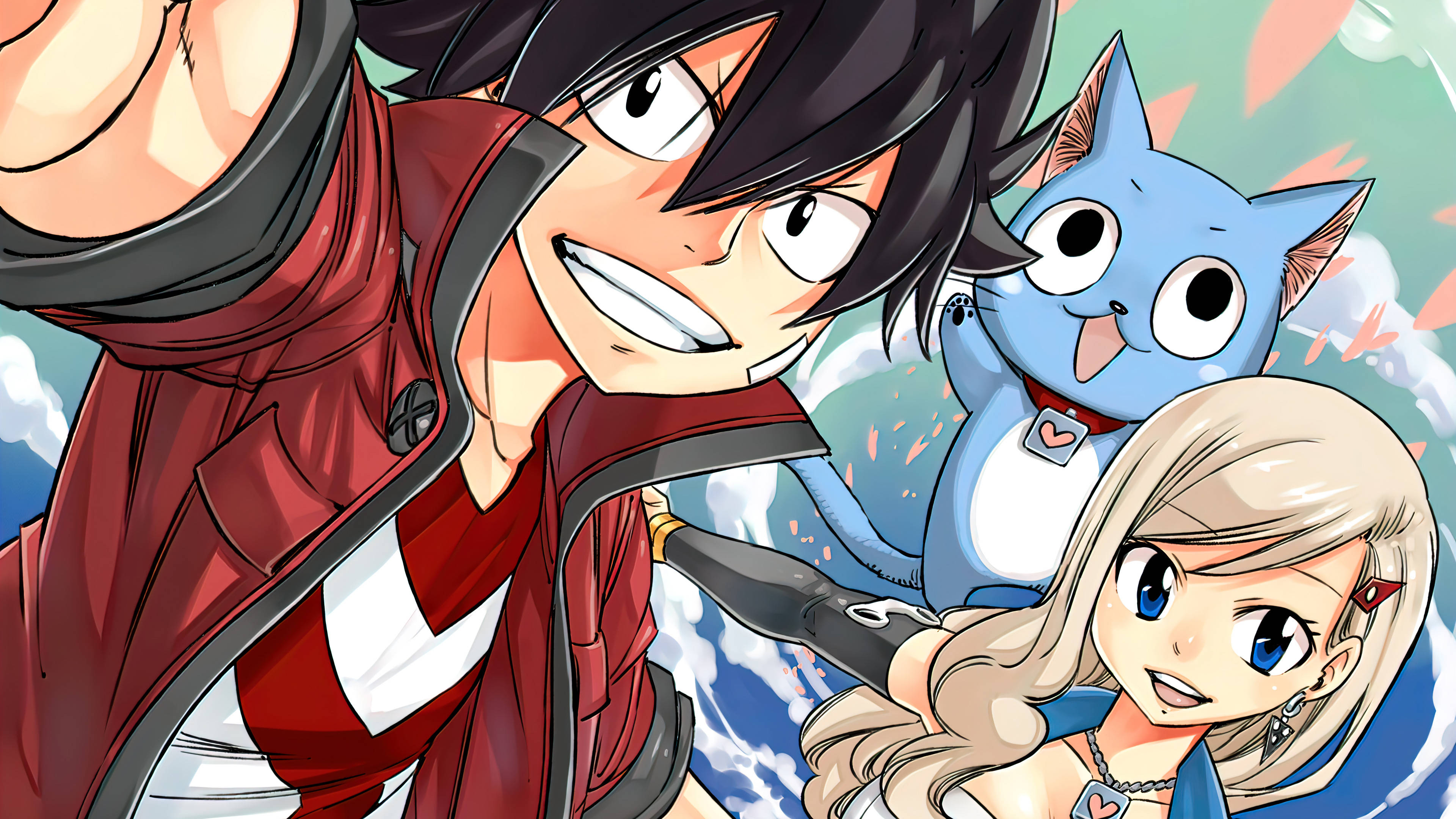 《Edens Zero》奇幻動畫角色 壁紙 — 動漫角色與藍色貓咪在旋轉多彩背景前動態擺姿勢。