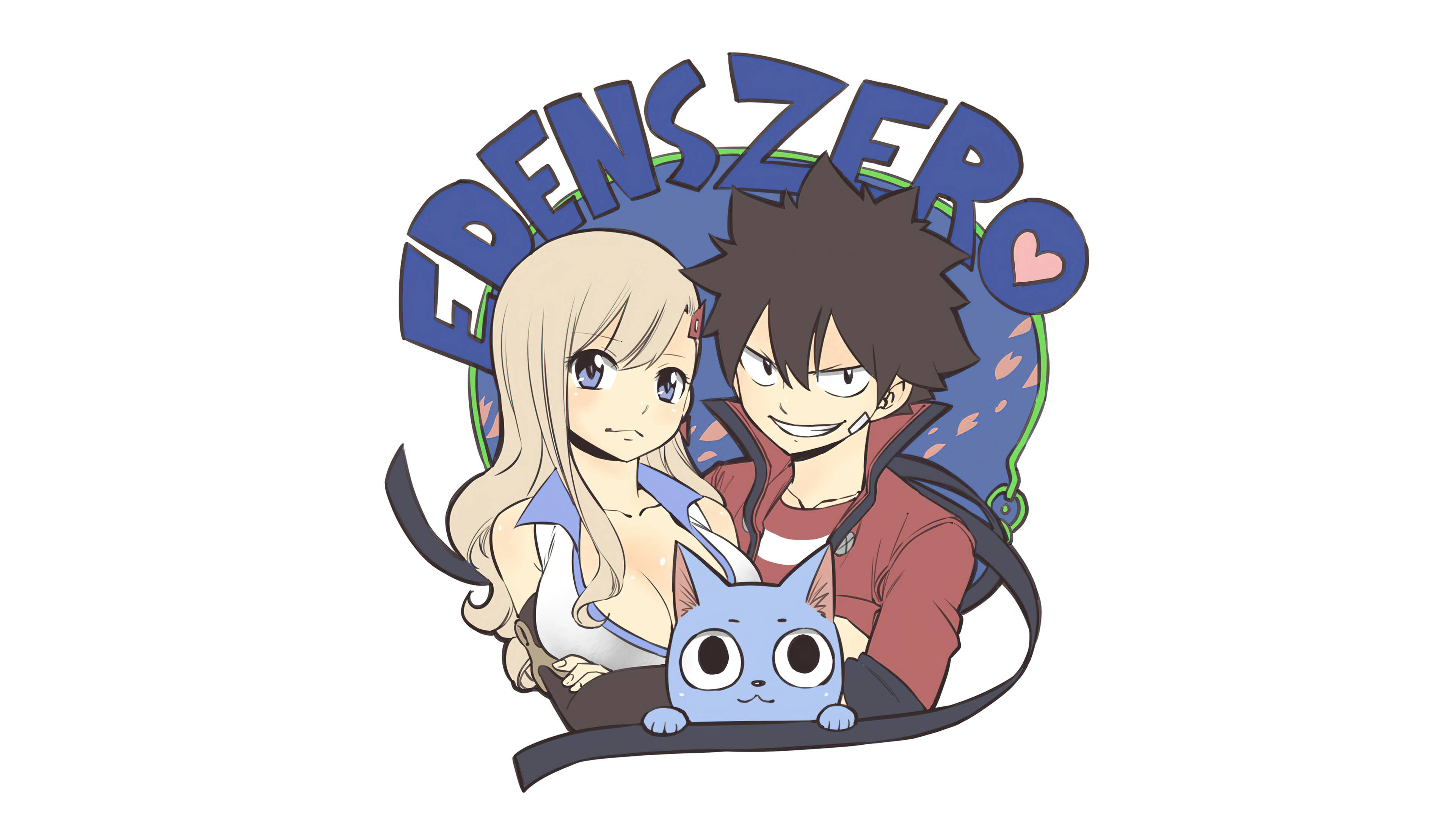 《Edens Zero》電視 壁紙 — 兩個動漫角色和一隻藍貓一起坐在帶有心形圖案的「DENSZERO」標誌下。
