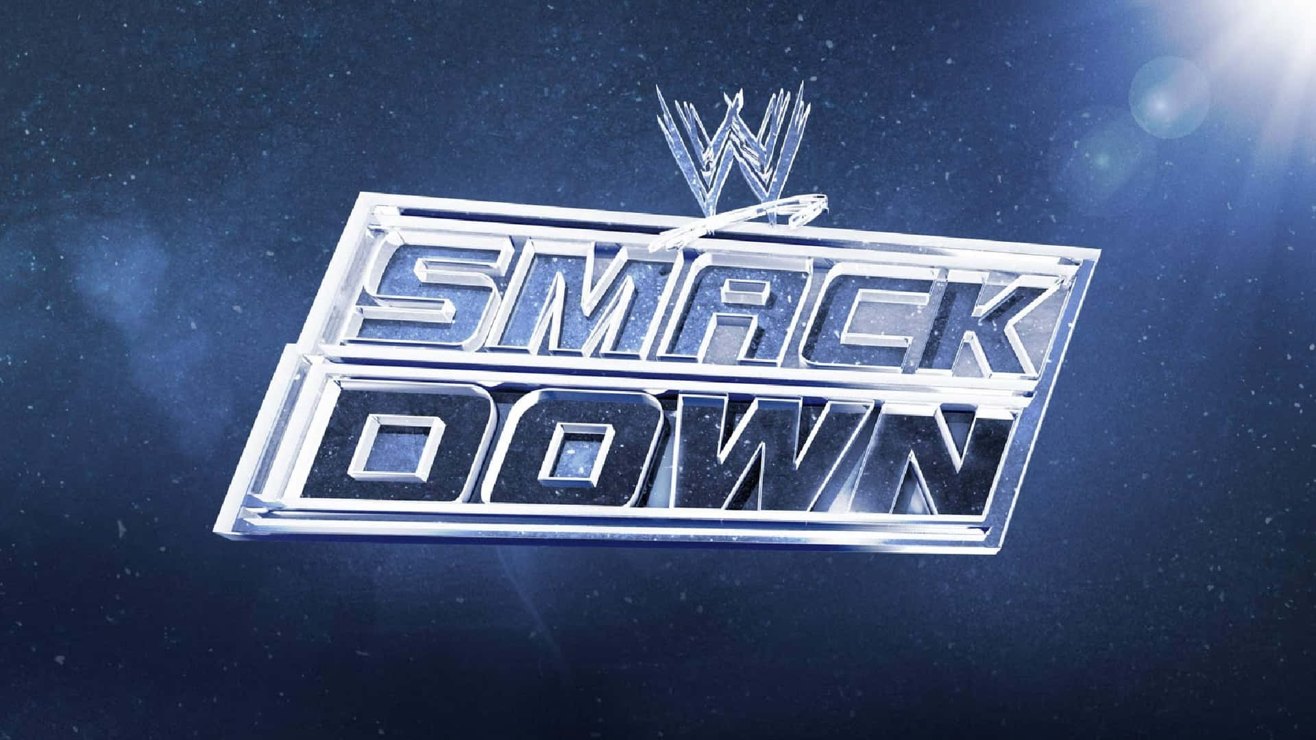 在星空藍色太空背景上以鉻色3D呈現的WWE SmackDown標誌。