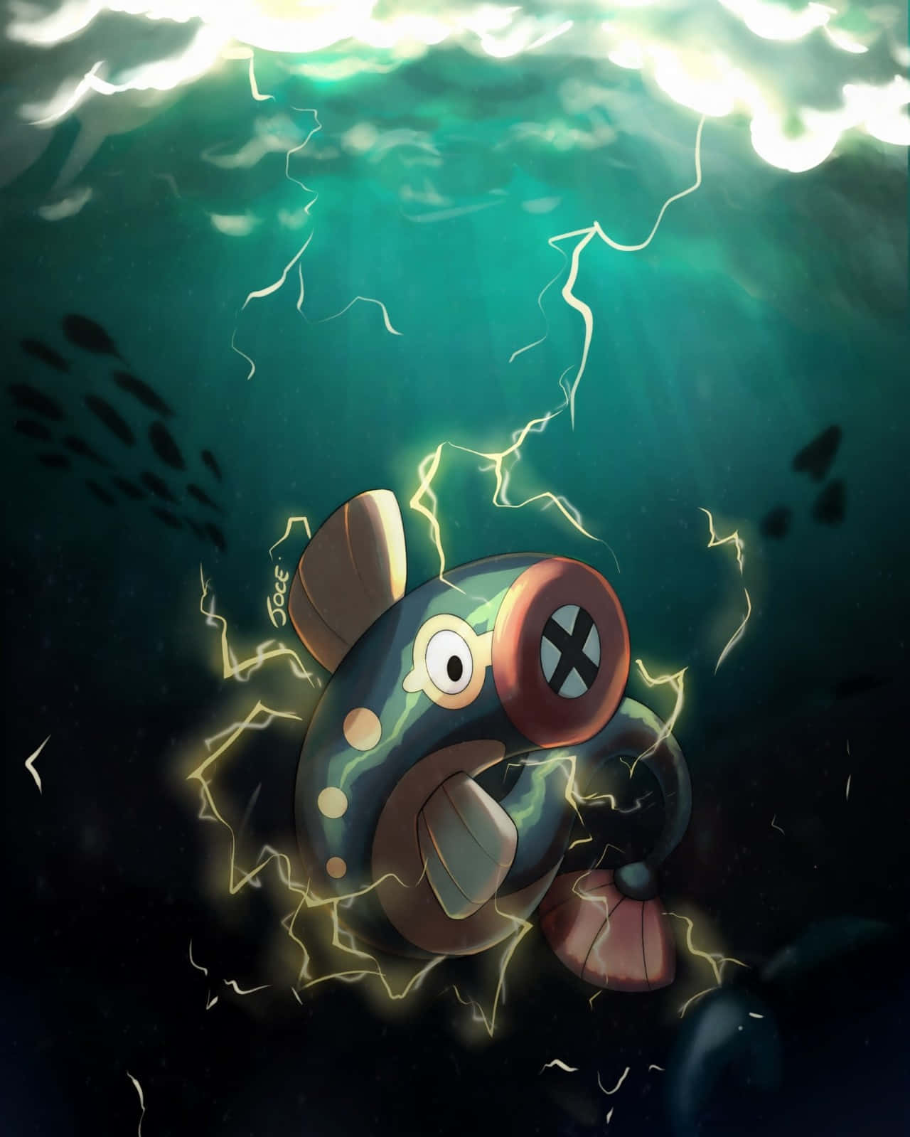 Eelektrik 的電力能力 壁紙 — 一條卡通電魚在深藍綠色和黑暗背景下，於水中釋放出噼啪作響的閃電。