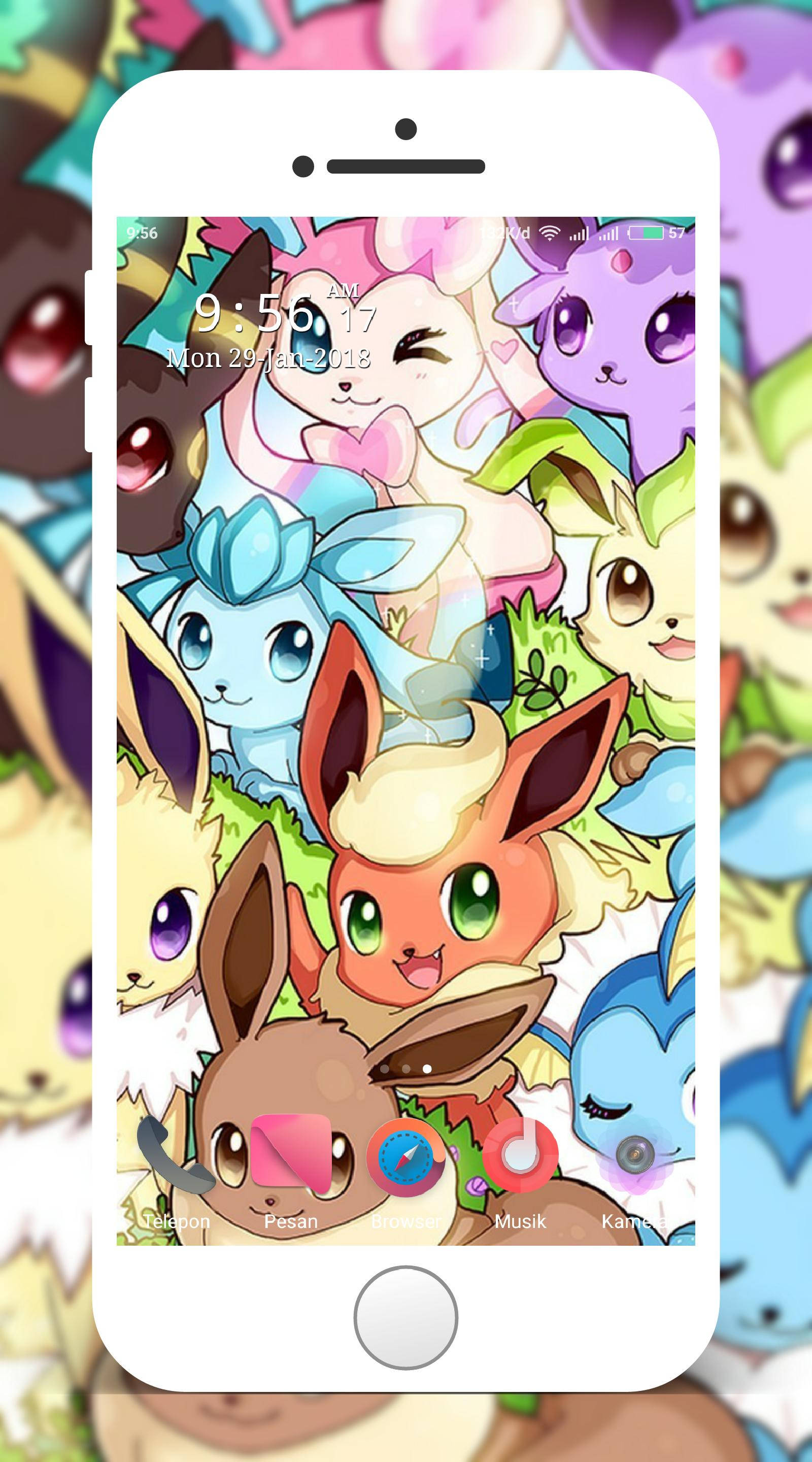 Eevee 與角色螢幕上展示 iPhone 壁紙 — 一部智能手機顯示一張充滿活力的動漫牆紙，上面有一群歡樂的彩色寶可夢角色。
