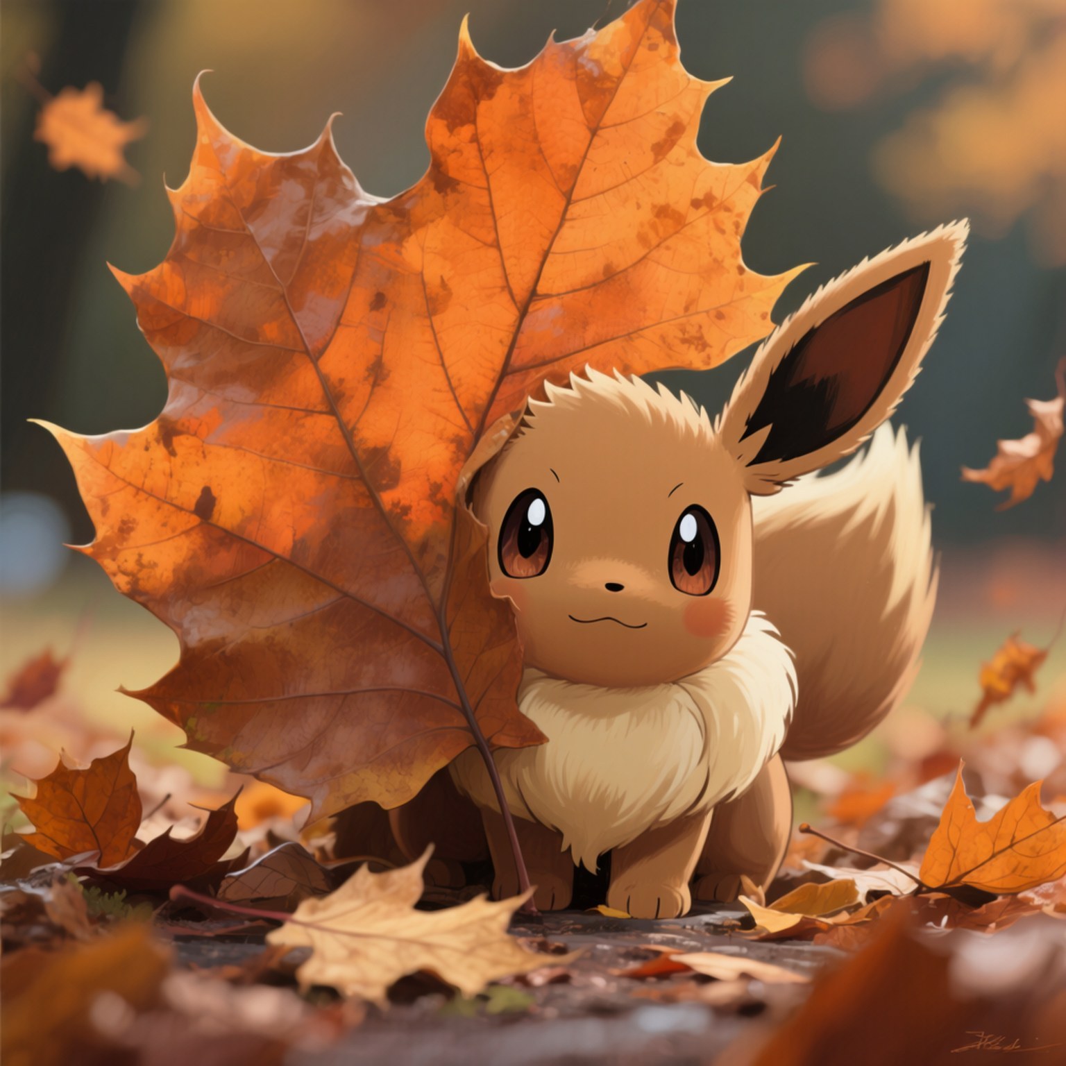 Eevee Peek-a-Boo Leaf 壁紙 — 一隻可愛的卡通伊布從一片大橙色楓葉後面探出頭來，周圍是飄落的秋葉。