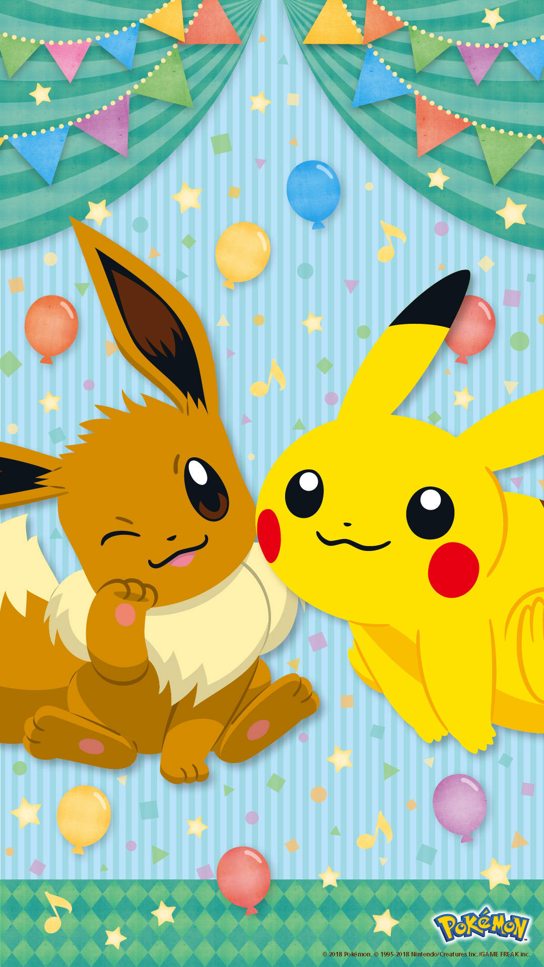 Eevee 與 Pikachu 搞笑 iPhone 壁紙 — 伊貝和比卡超在色彩繽紛的彩旗和飄浮氣球下一起慶祝，營造出節日卡通場景。
