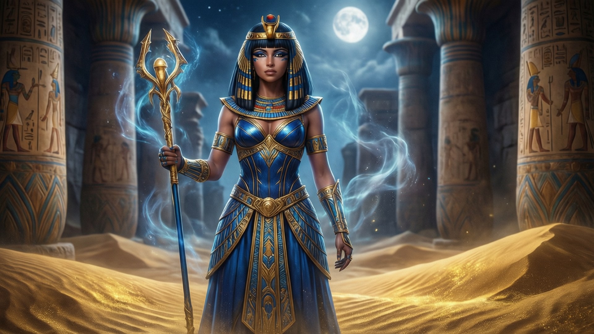Nitocris 桌布 壁紙 — 一位身穿藍色和金色服飾的埃及女神站在月光照耀的神廟中，手持權杖，煙霧在她周圍盤旋。