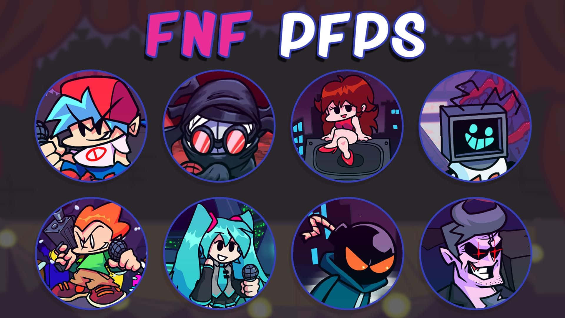Fnf Pfp 桌布 壁紙 — 來自 FNF PFPS 的八個圓形像素藝術角色頭像，在黑暗舞台背景上展示，帶有發光的燈光。
