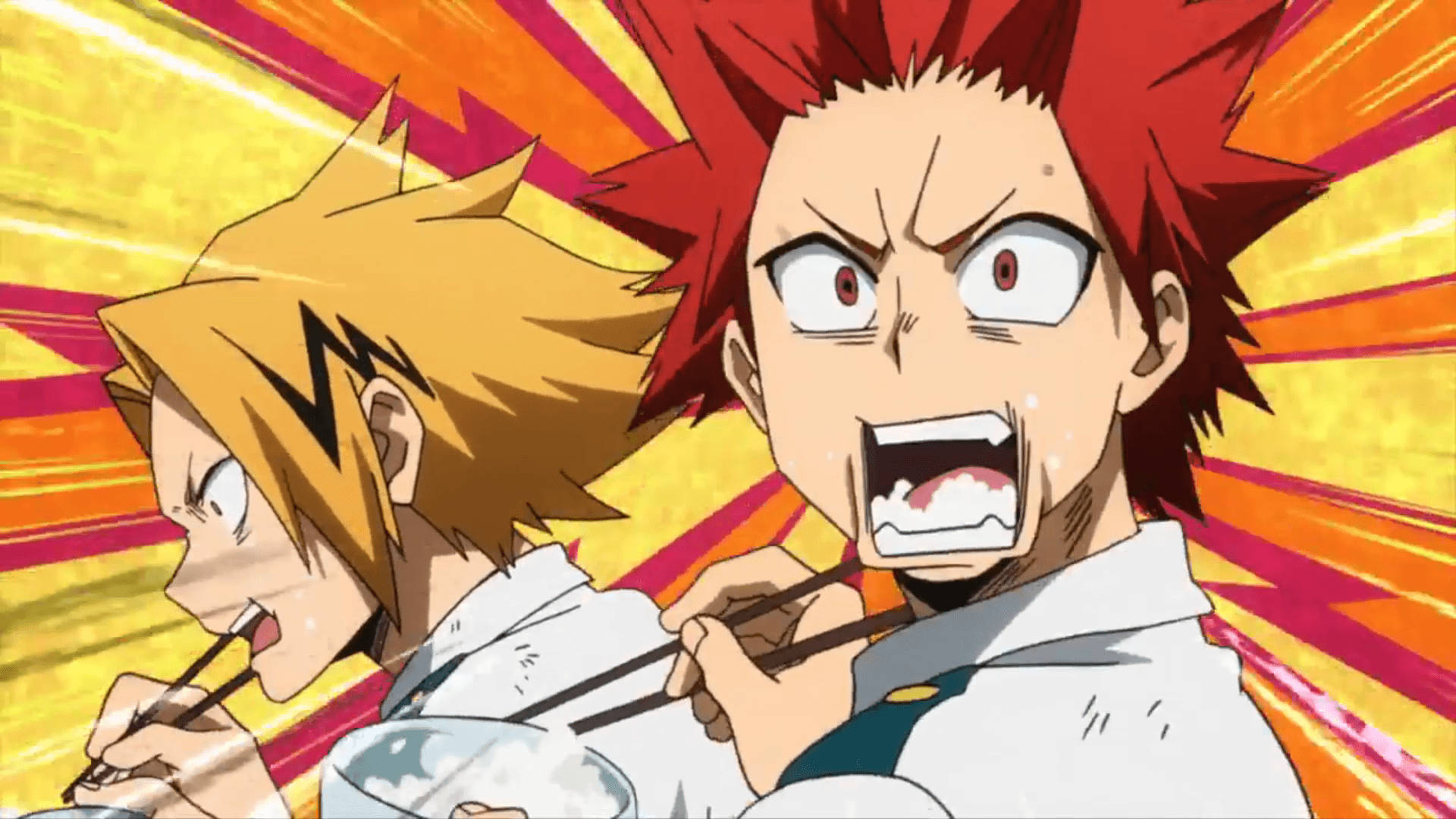 Eijiro Kirishima 與 Denki Kaminari 壁紙 — 兩位動漫廚師頭髮尖尖，在充滿活力的黃橙色放射狀爆發背景下用筷子激烈地吃拉麵。