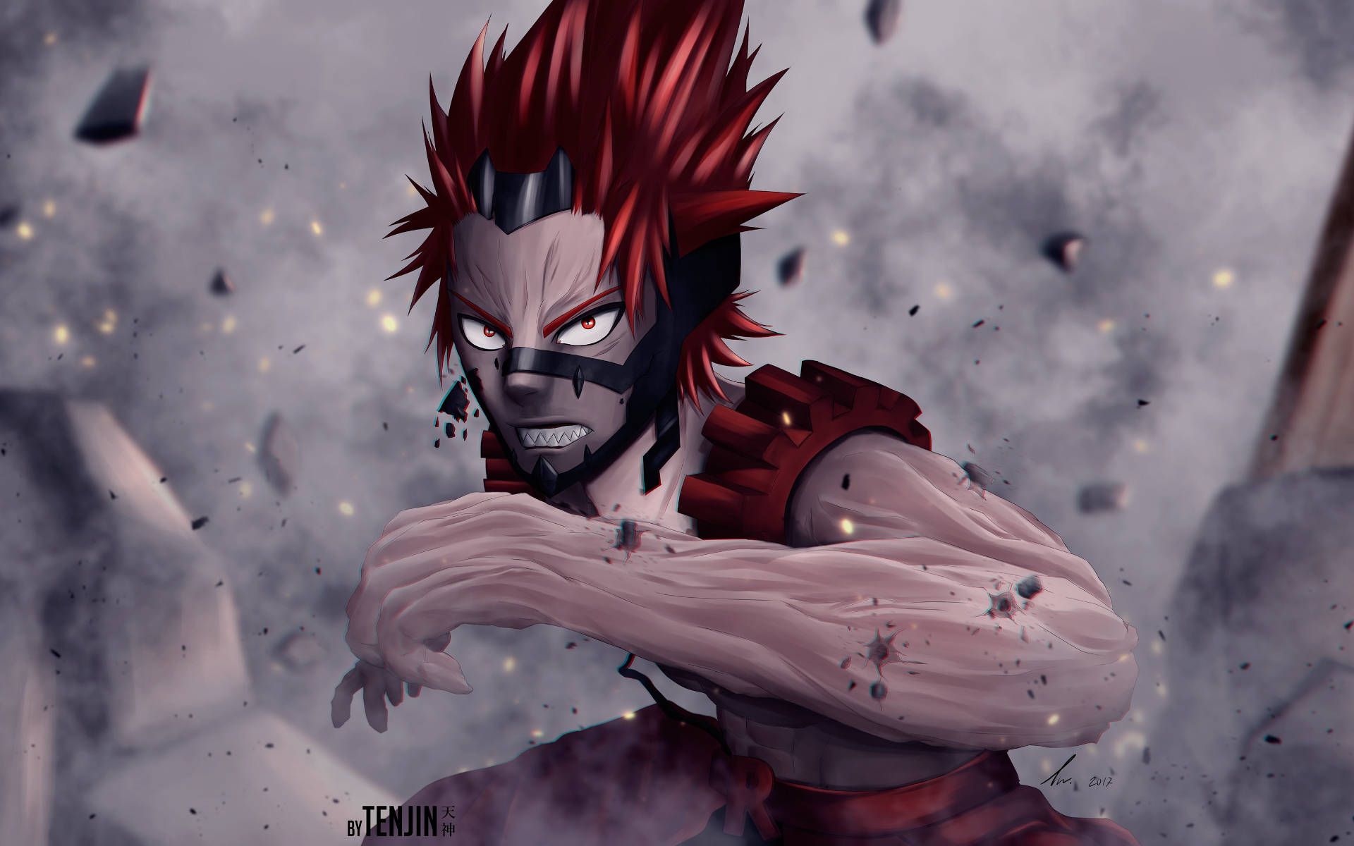 Eijiro Kirishima 數位繪畫 壁紙 — 一位擁有紅色刺蝟頭和黑色面具的動漫戰士，衝過一個破碎、煙霧彌漫的戰場。