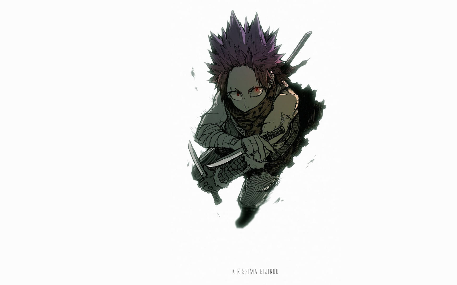 Eijiro Kirishima 持雙刃 壁紙 — 一個刺蝟頭、紅眼的動漫戰士，手持雙刀，在純白背景前猛衝。