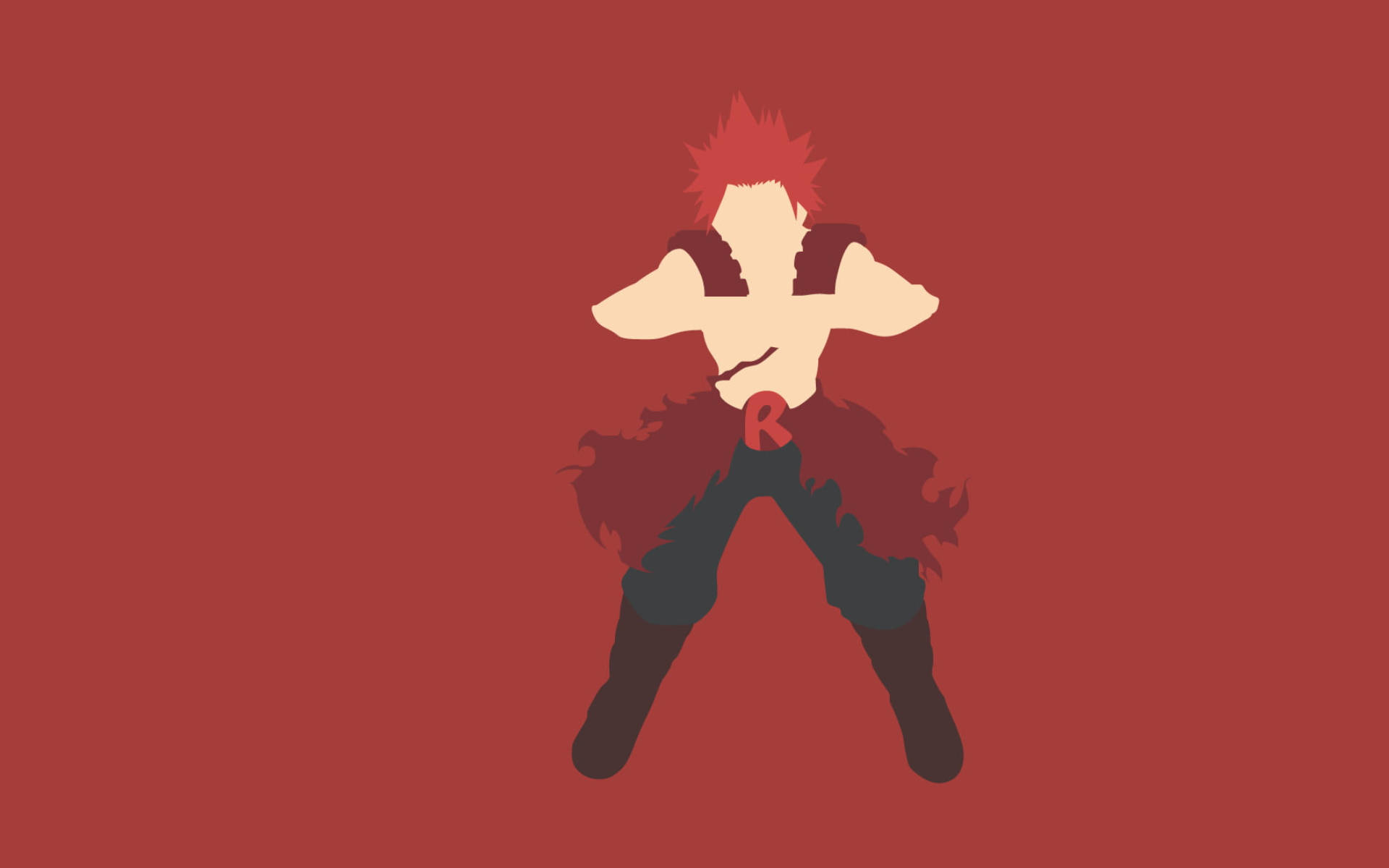 Eijiro Kirishima 最簡約風格 壁紙 — 一個風格化的動漫角色，擁有紅色刺蝟頭和紅色「R」標誌，在純紅色背景上擺出動態姿勢。