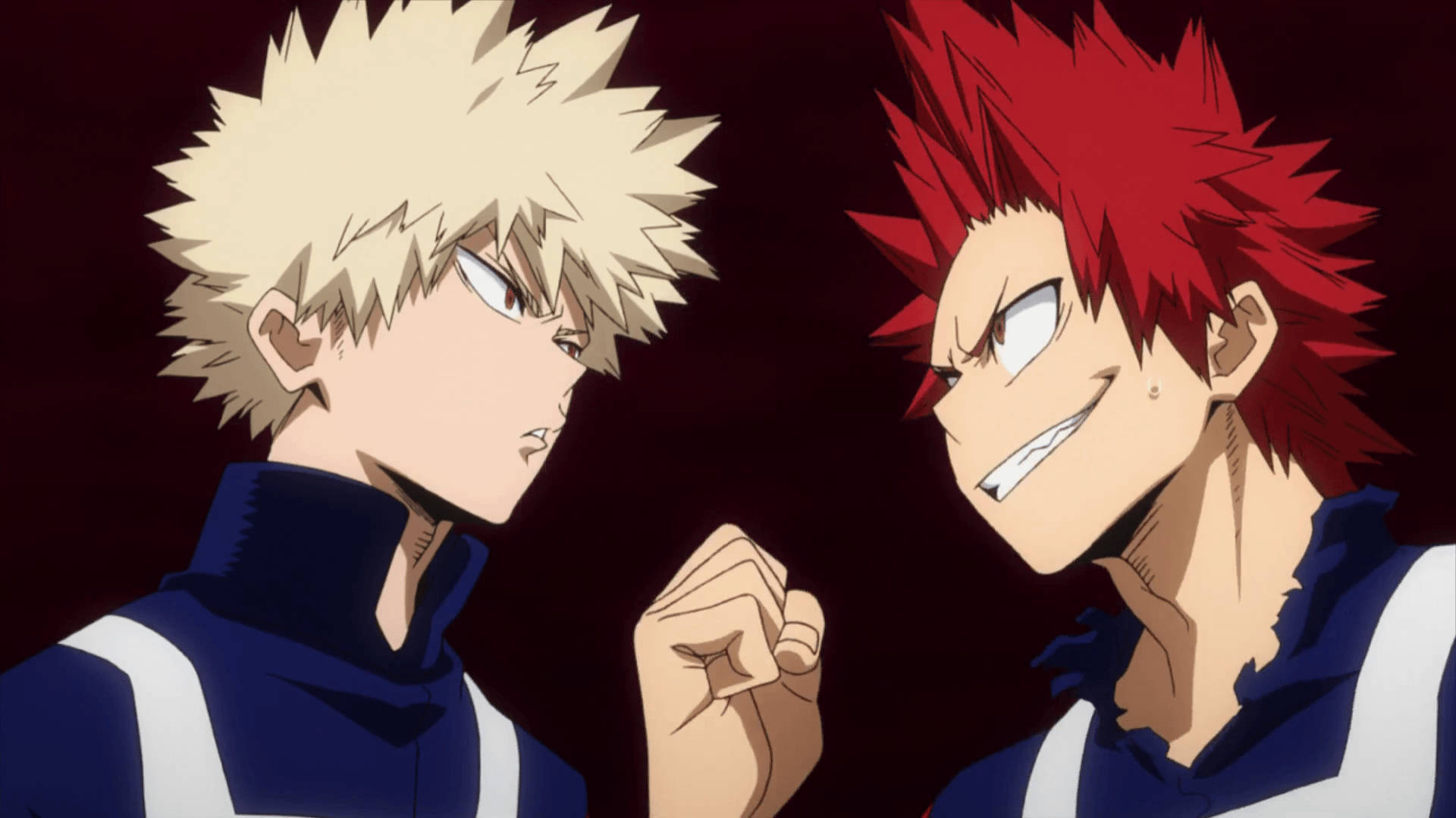 Eijiro Kirishima 與 Bakugo 壁紙 — 兩個動漫角色，一個有尖刺金髮，另一個有尖刺紅髮，在黑暗背景下緊張對峙。