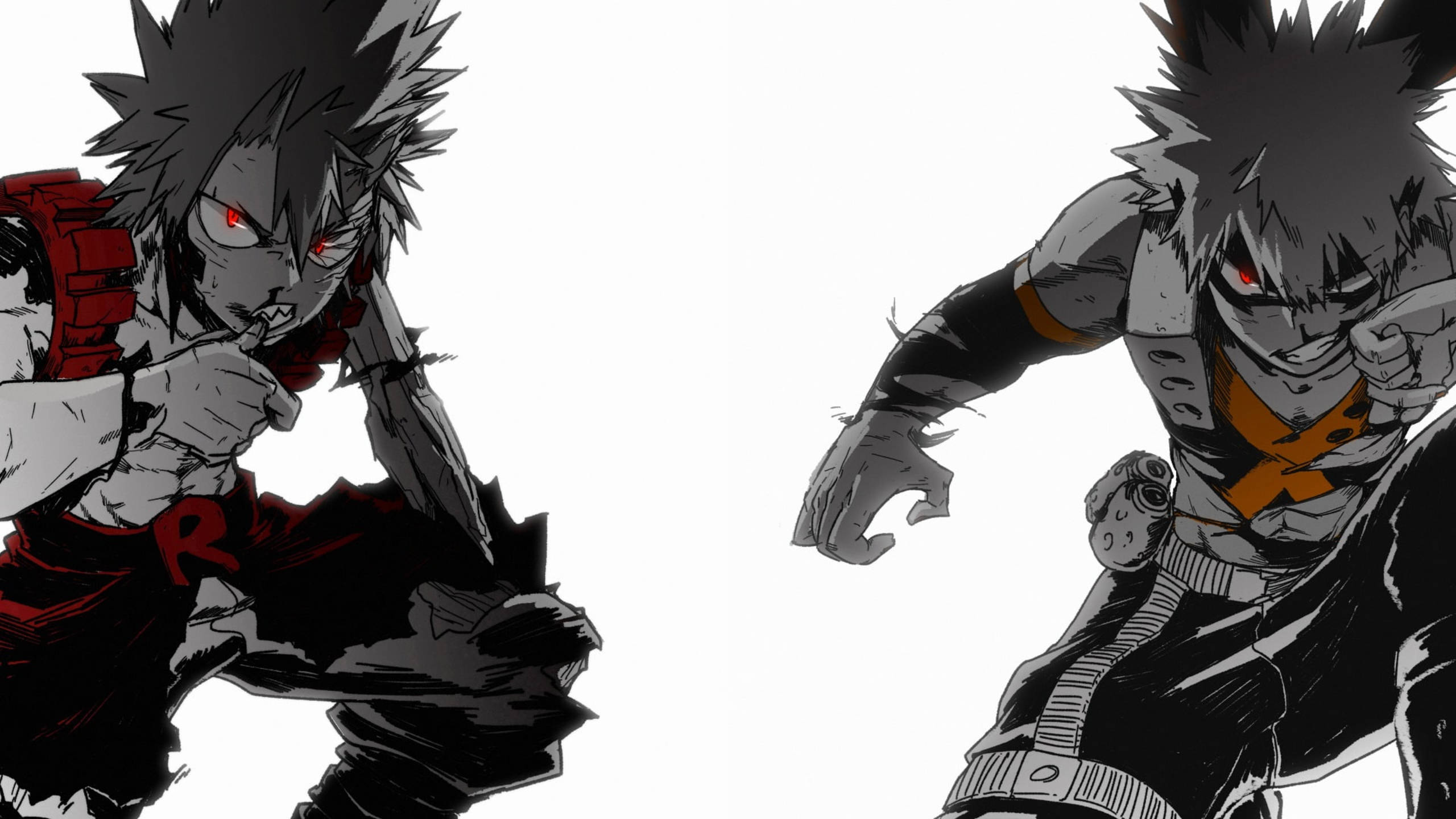 Eijiro Kirishima 與 Bakugo 黑白圖像 壁紙 — 兩個動漫角色，擁有尖刺頭髮和紅色眼睛，在純白背景下以緊張的戰鬥姿勢對峙。