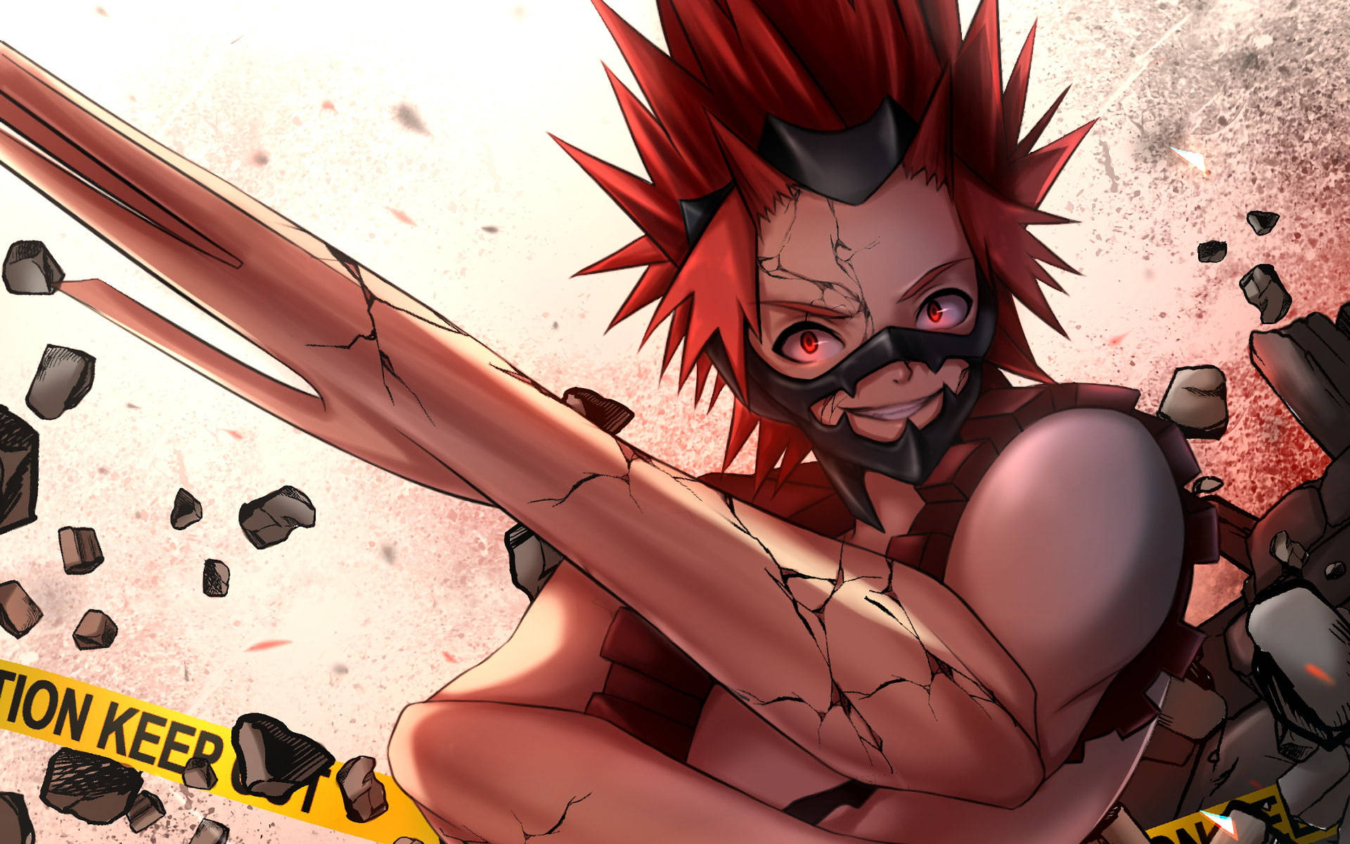 Eijiro Kirishima 粉絲藝術 壁紙 — 一個擁有紅色刺蝟頭和龜裂皮膚的動漫角色，在動態動作姿勢中砸碎混凝土，露出得意的笑容。